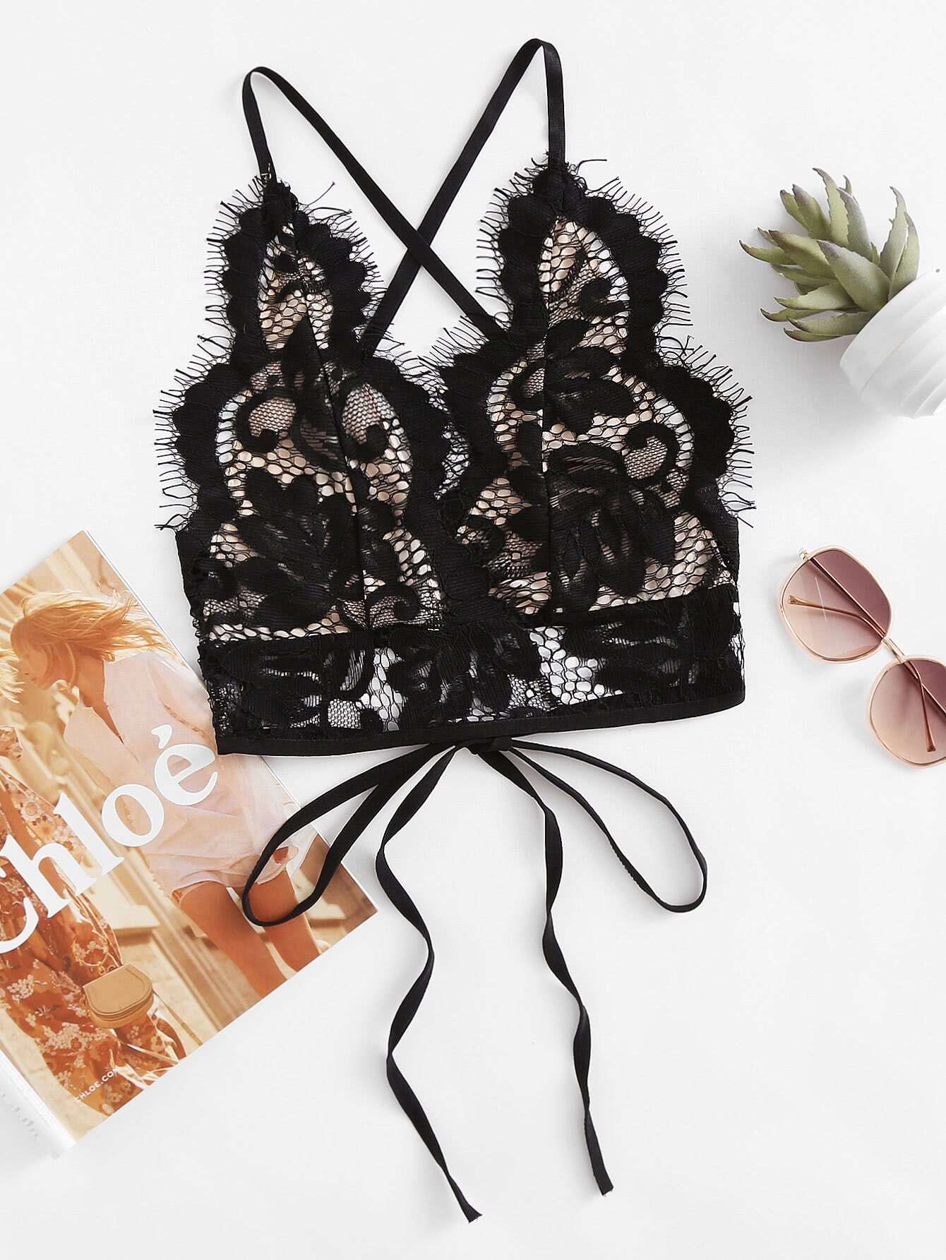 Eyelash Lace Overlay Criss Cross Tie Back Bra