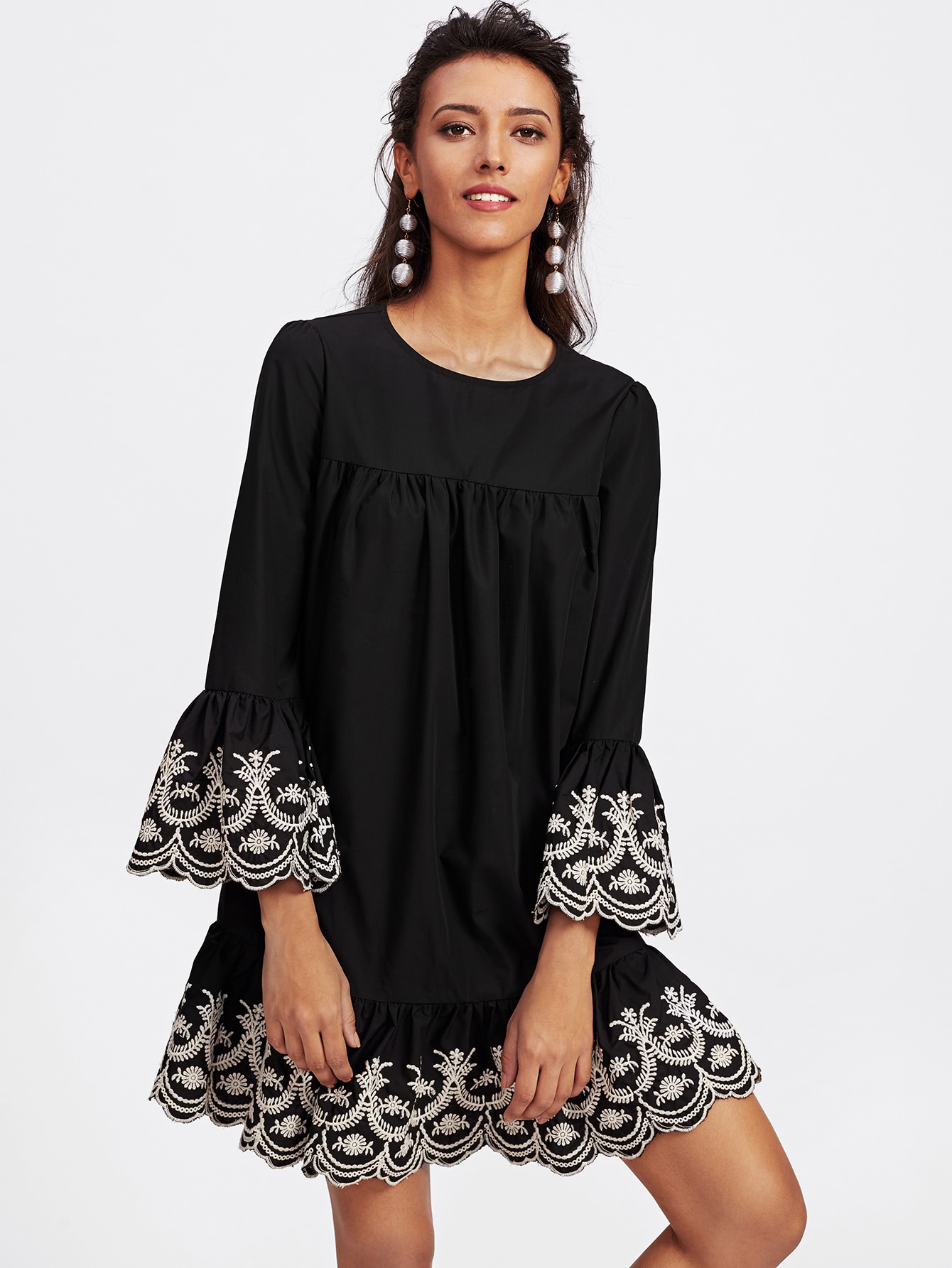 Vine Embroidered Ruffle Cuff And Hem Scalloped Dress