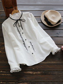 Frill Detail Tie Neck Vine Embroidered Blouse
