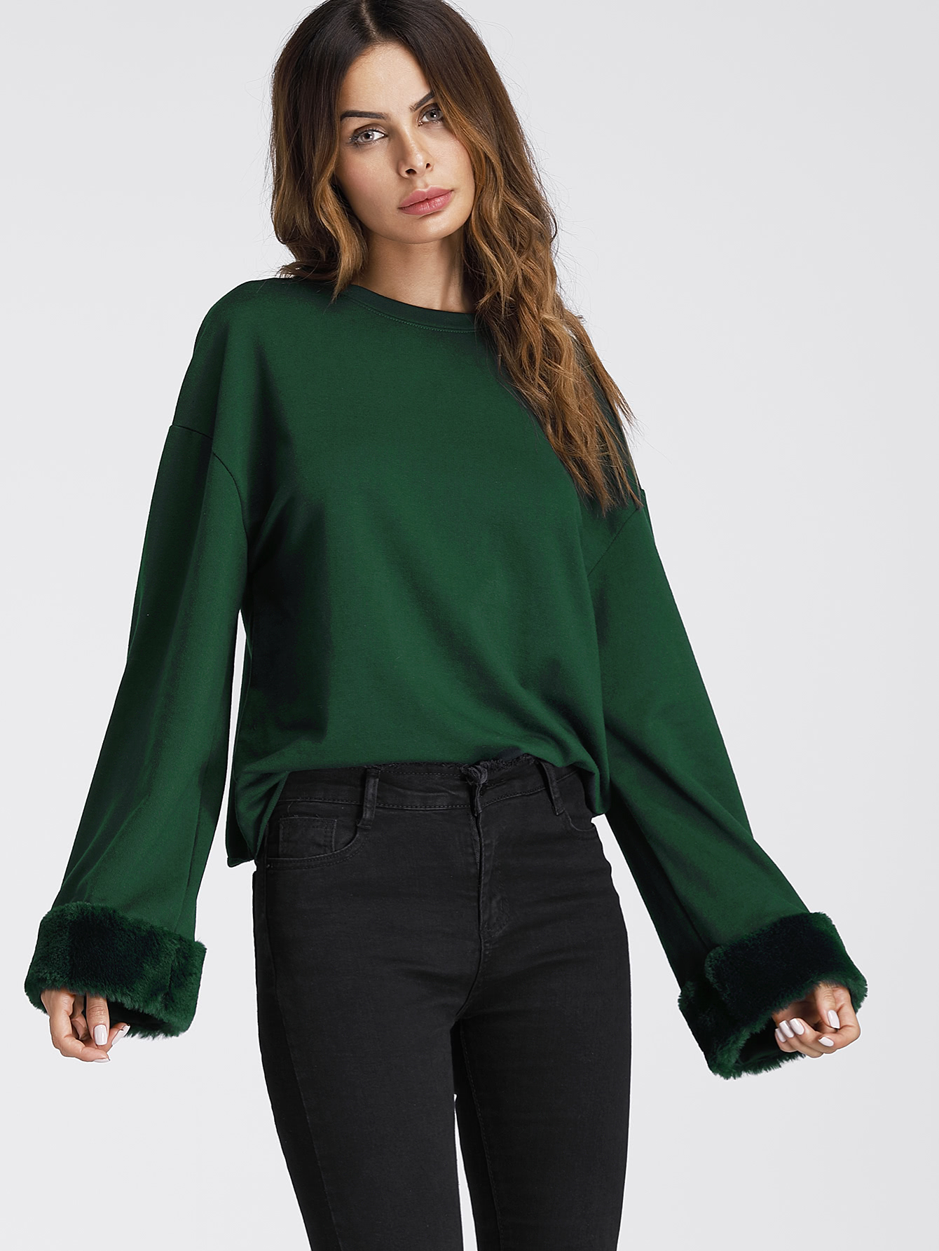 Faux Fur Cuff Drop Shoulder Raw Hem Sweatshirt