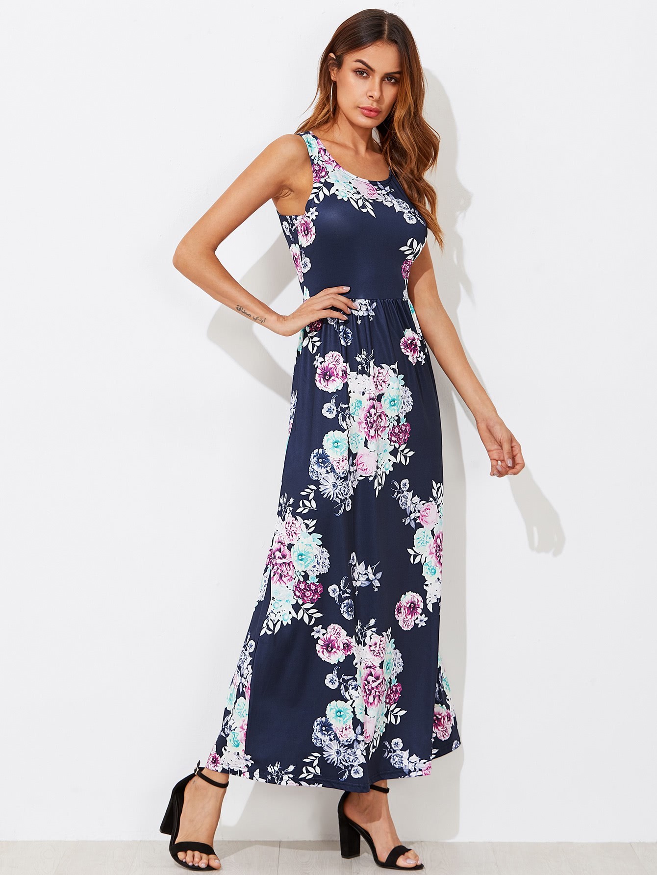цена Flower Print Pocket Side High Waist Tank Dress