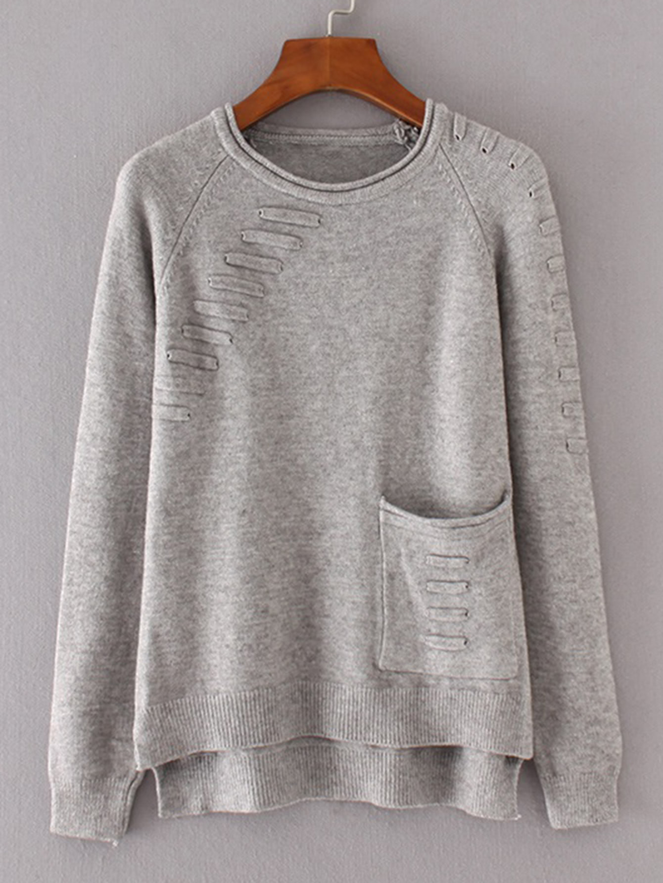 Front Pocket Raglan Sleeve High Low Knitwear