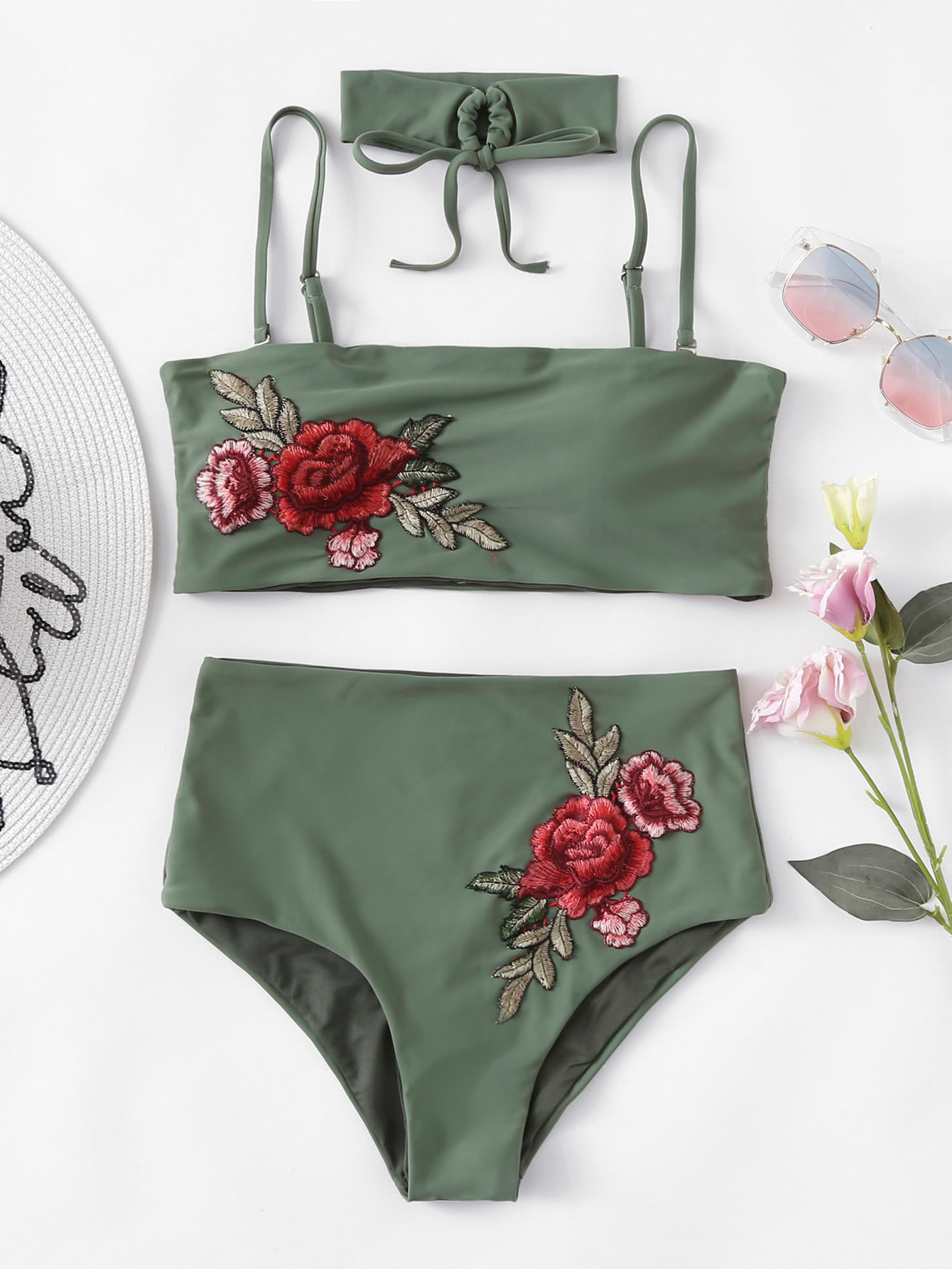 Embroidered Rose High Waist Bikini Set With Choker SheIn(Sheinside)