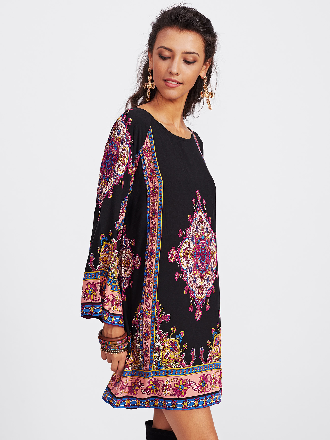 Ornate Print Raglan Sleeve Dress SheIn(Sheinside)