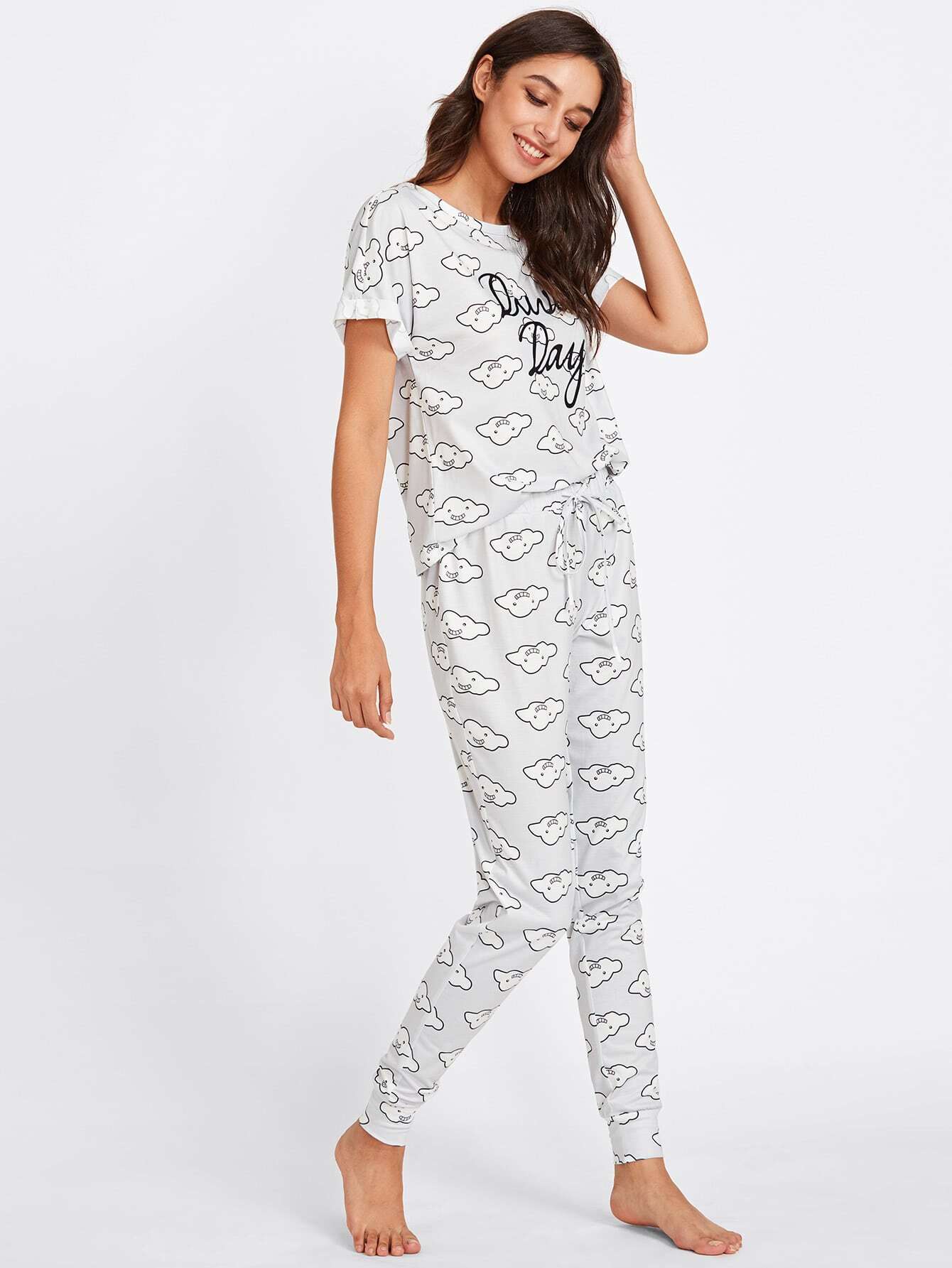 Clouds Print Cuffed Tee & Pants Pajama Set SheIn(Sheinside)