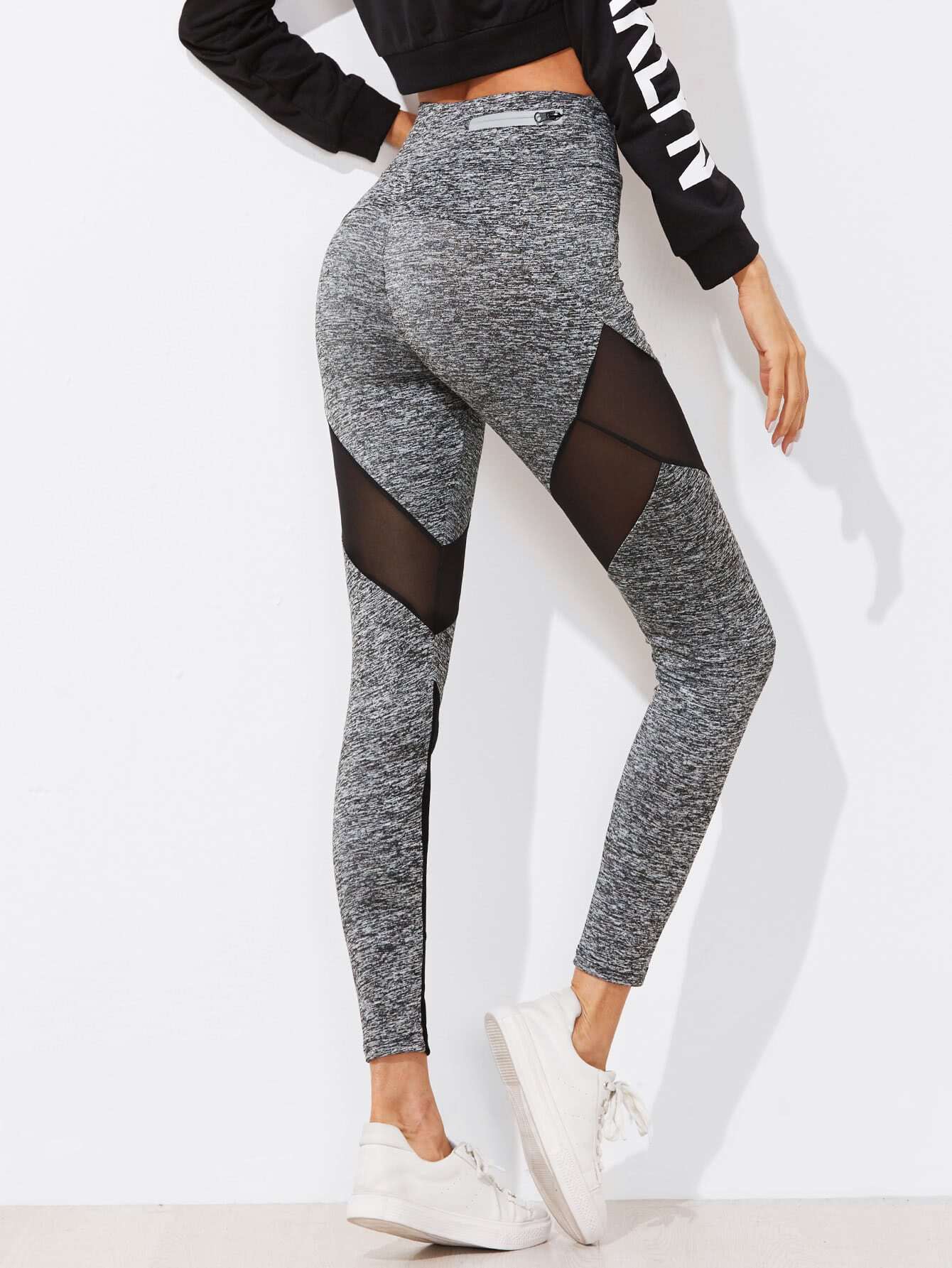 Active Mesh Panel Zip Detail Leggings SheIn(Sheinside)