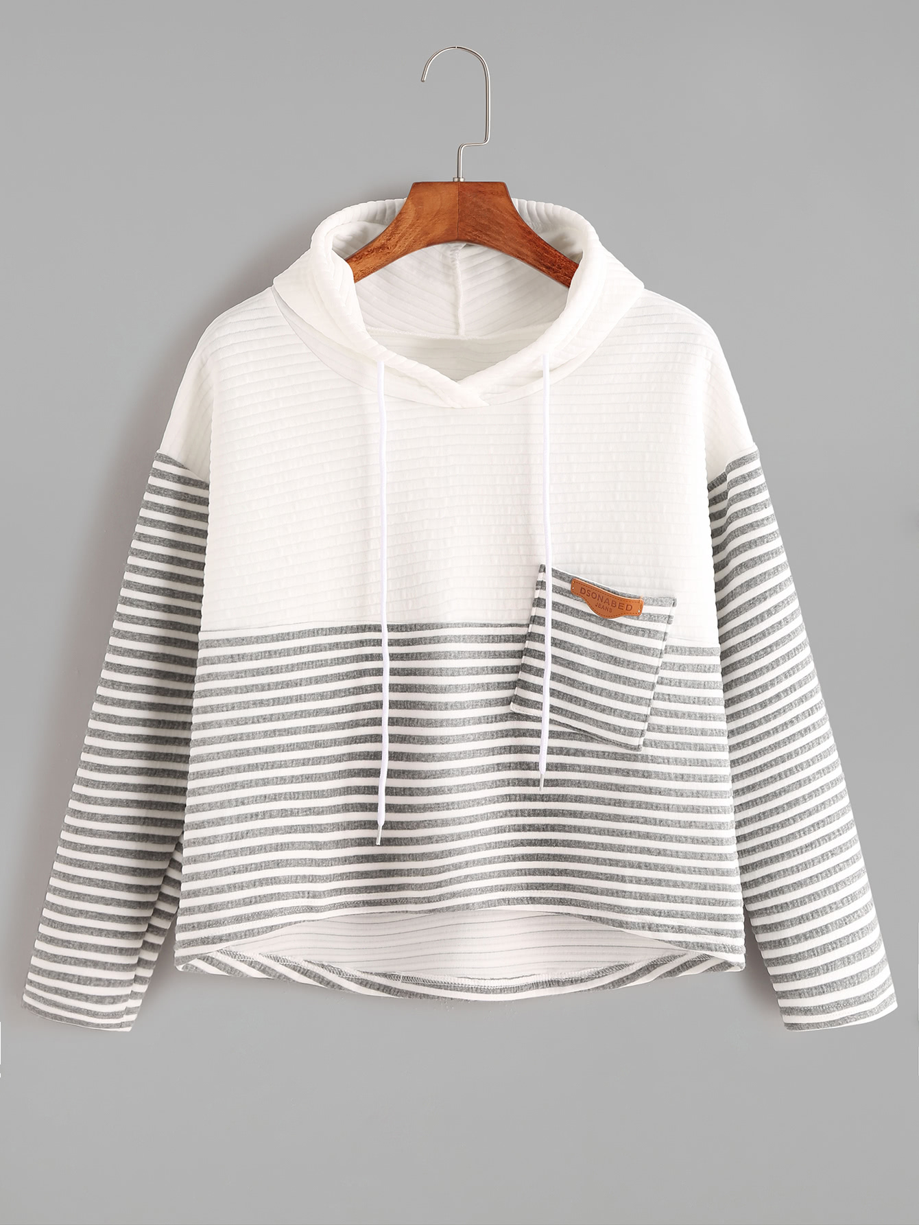 Contrast Striped High Low Drawstring Hooded Pocket Sweatshirt drawstring waist high low striped kimono