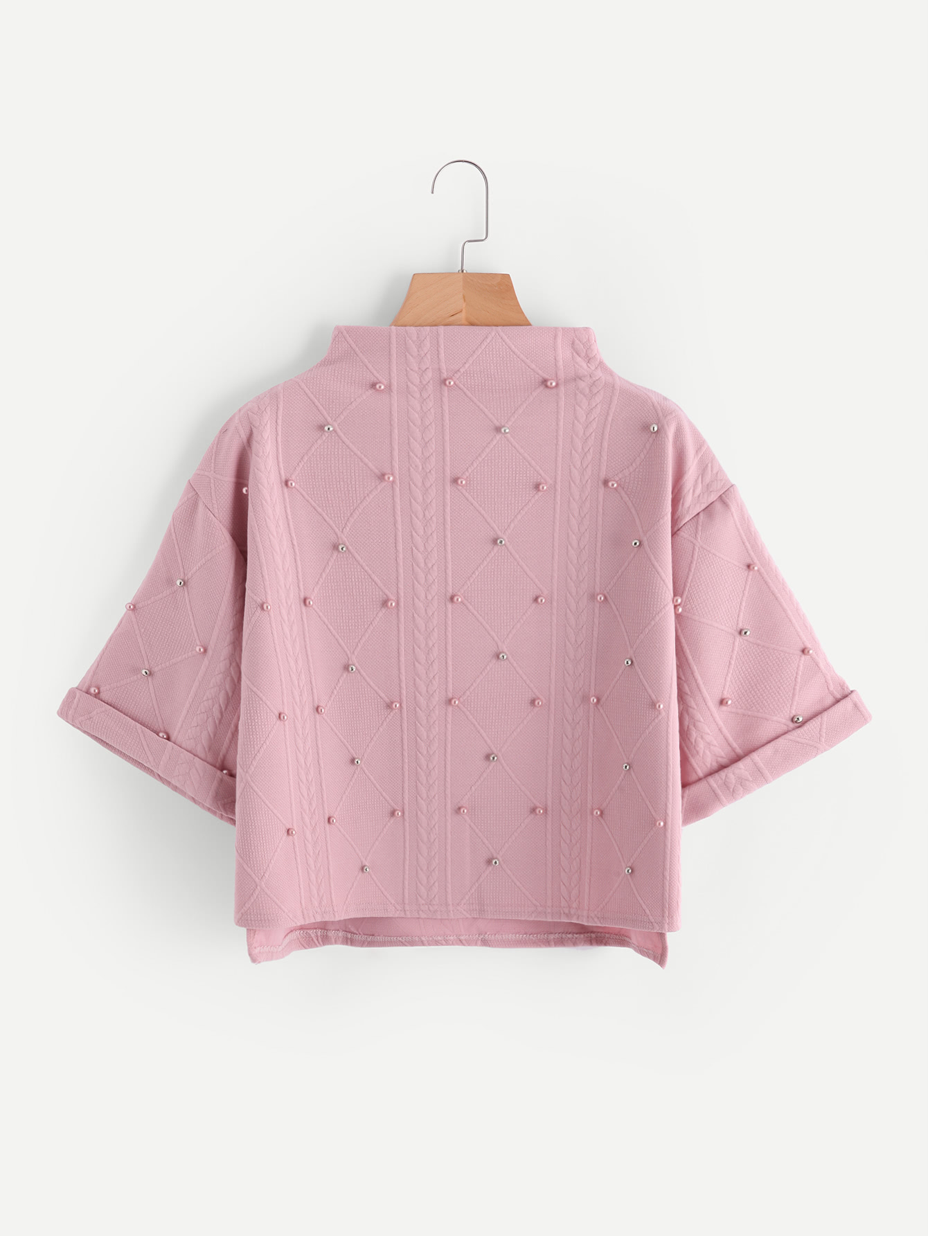 Mock Neck Beading Embossed High Low Sweatshirt