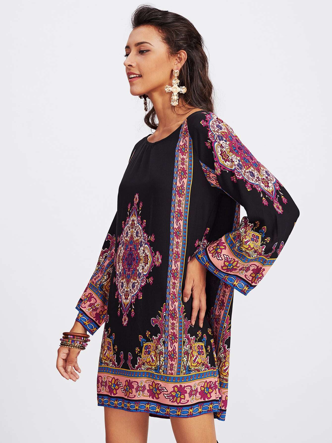 Ornate Print Raglan Sleeve Dress SheIn(Sheinside)