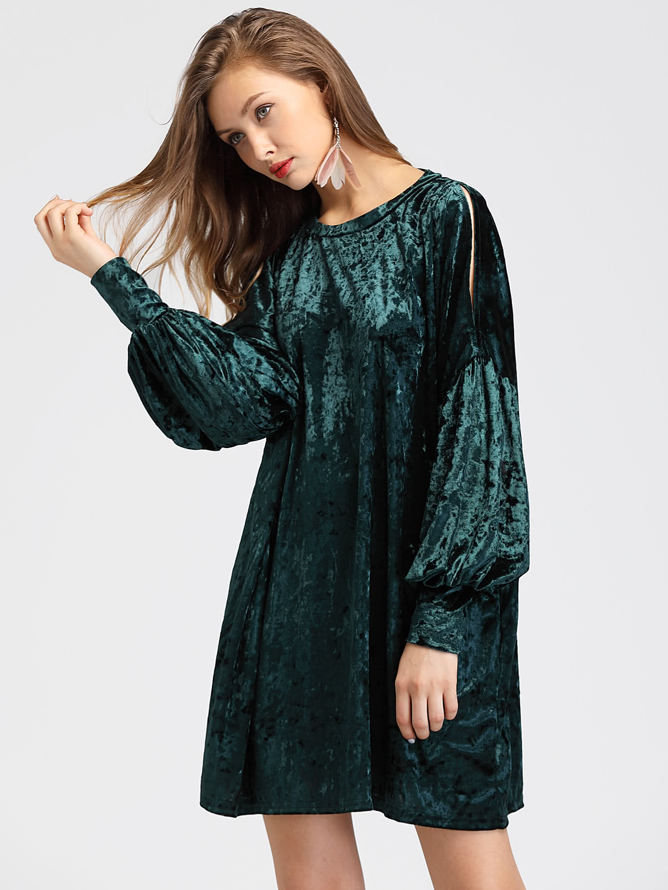 Crushed Velvet Split Shoulder Lantern Sleeve Dress