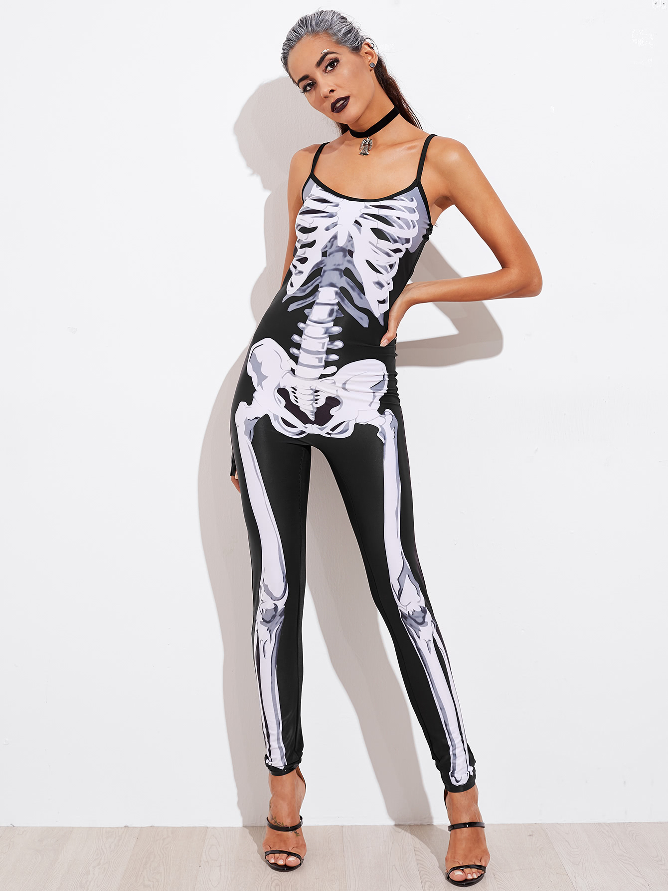 Halloween Skeleton Cami Catsuit SheIn(Sheinside)