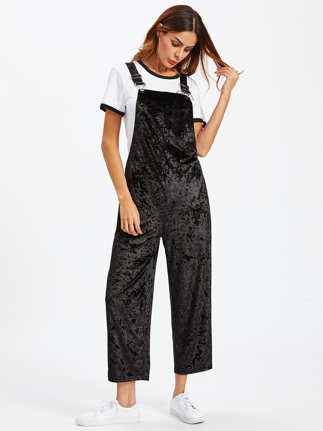 Crisscross Back Velvet Overalls SheIn(Sheinside)