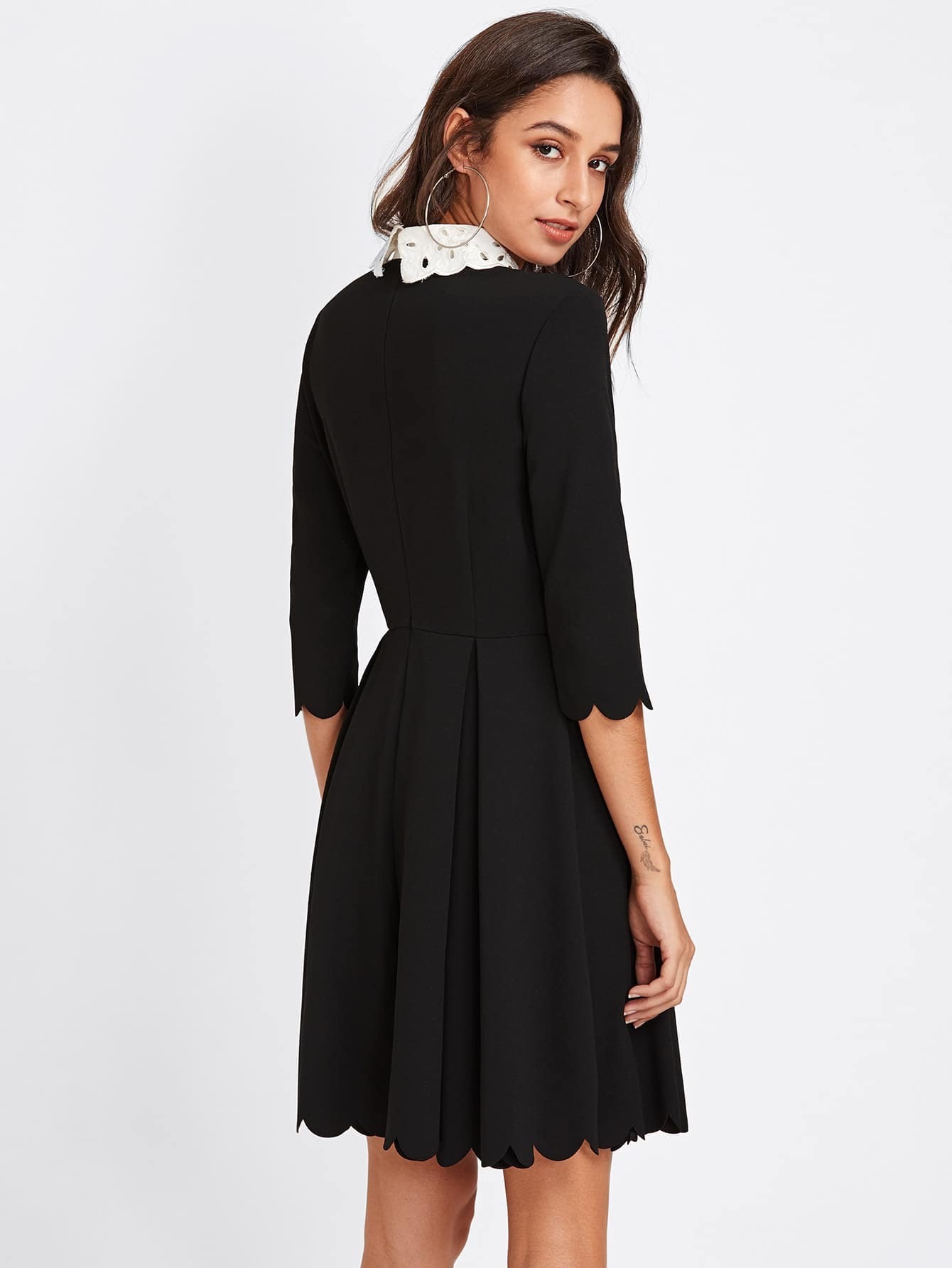 Contrast Eyelet Embroidered Collar Scalloped Dress SheIn(Sheinside)