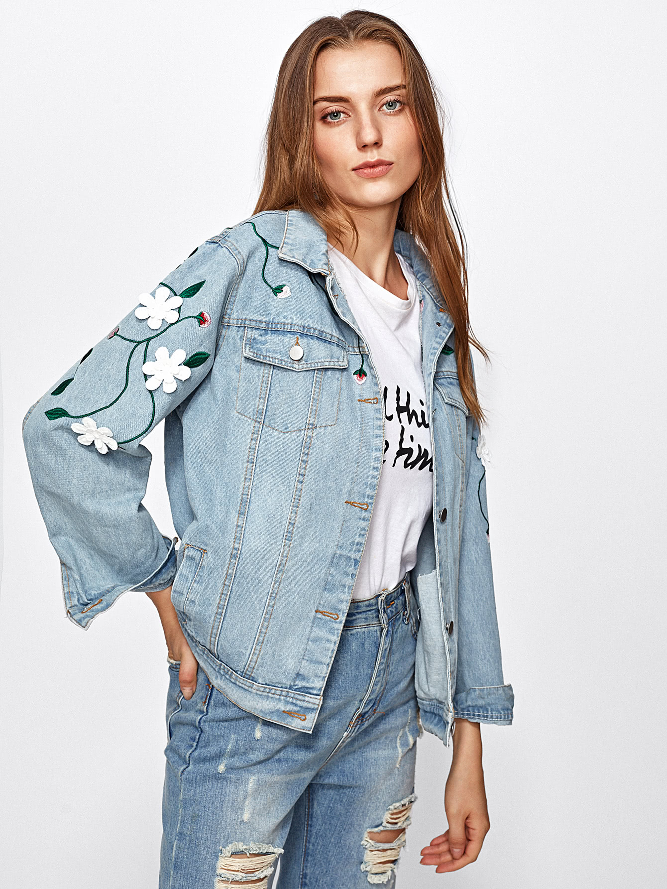 Light wash flower applique embroidered denim jacket sheinsheinside