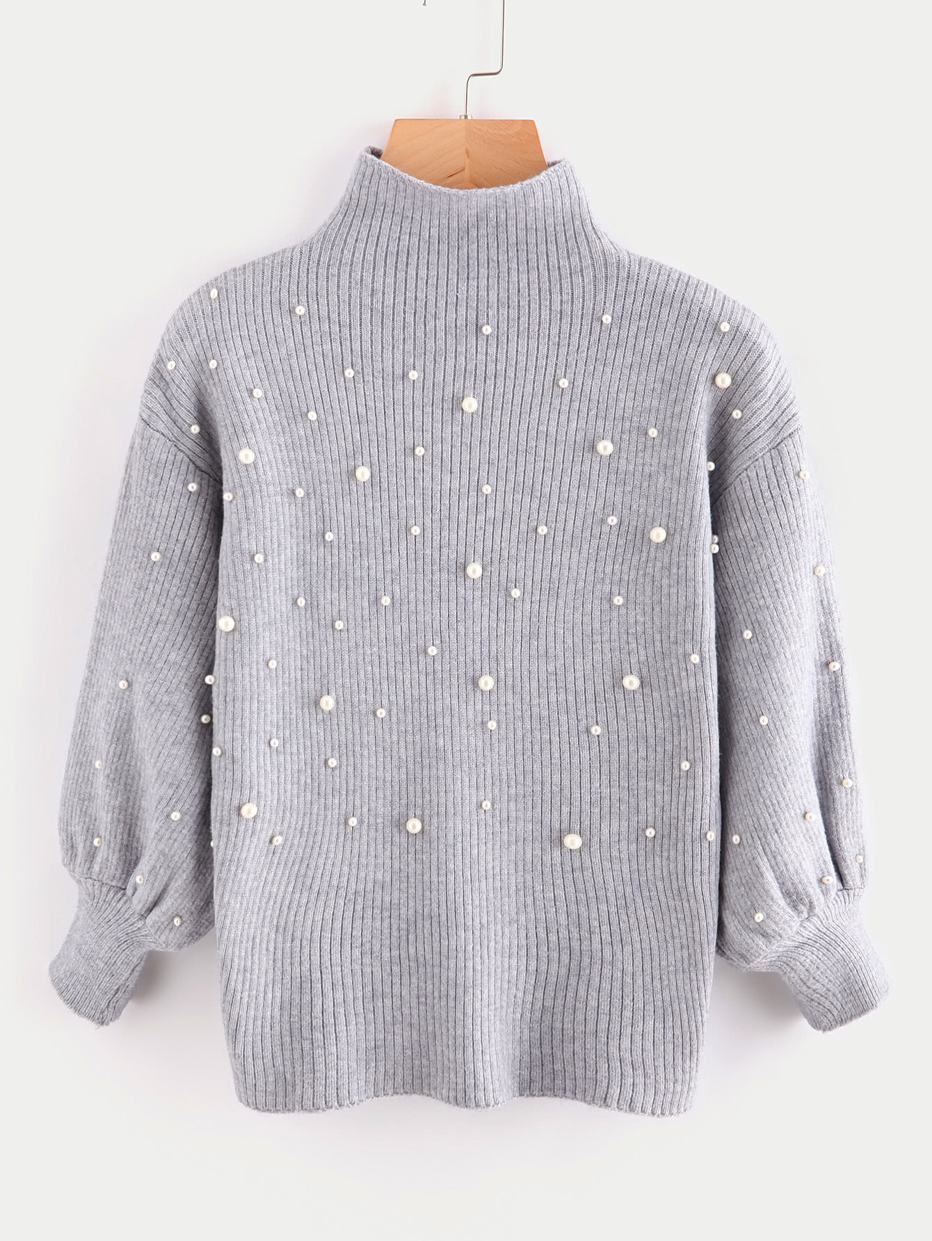 Pearl Beading Mock Neck Balloon Sleeve Jumper mock neck pearl detail puff sleeve tee
