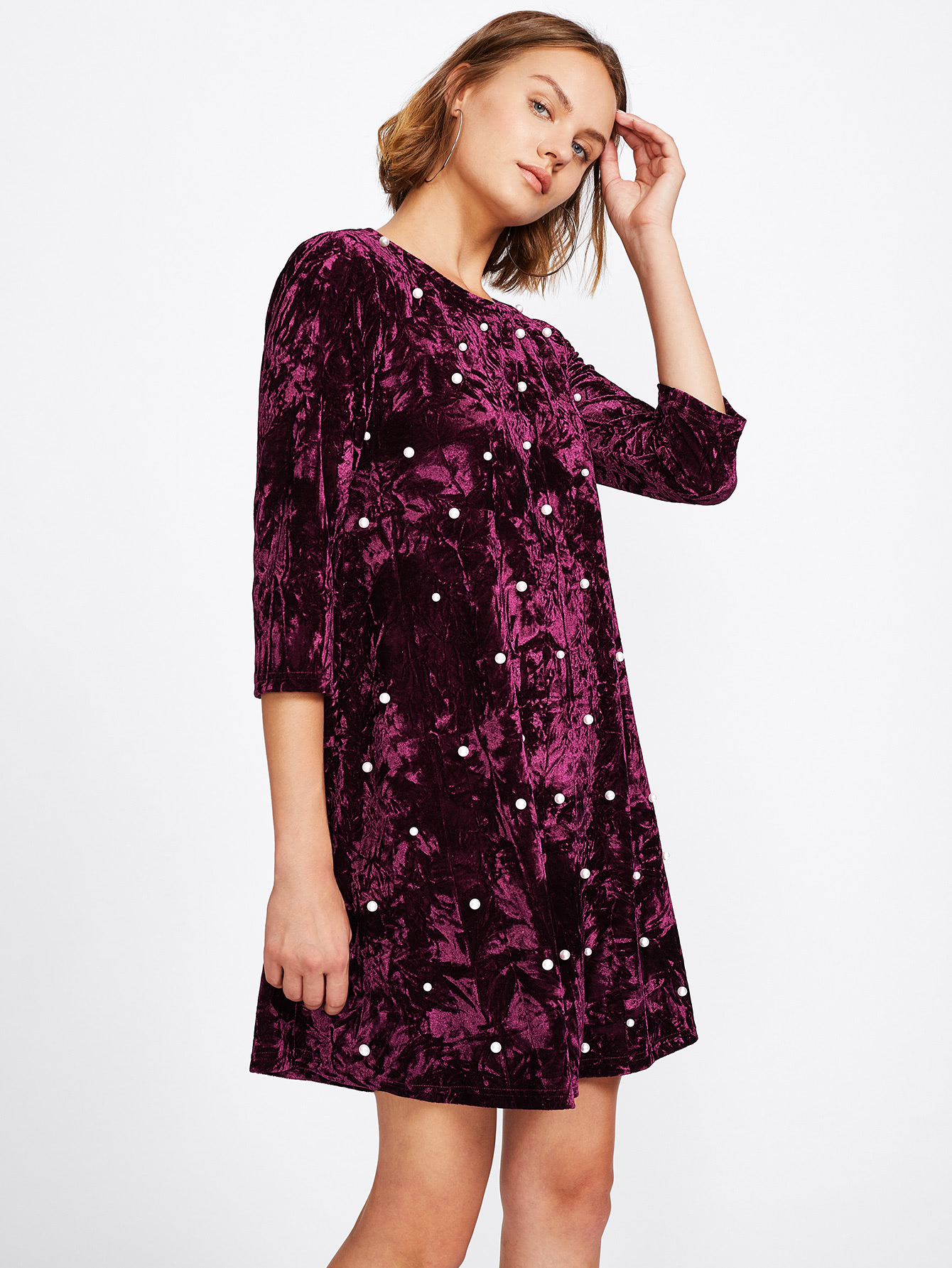 Pearl Beading Crushed Velvet Dress SheIn(Sheinside)