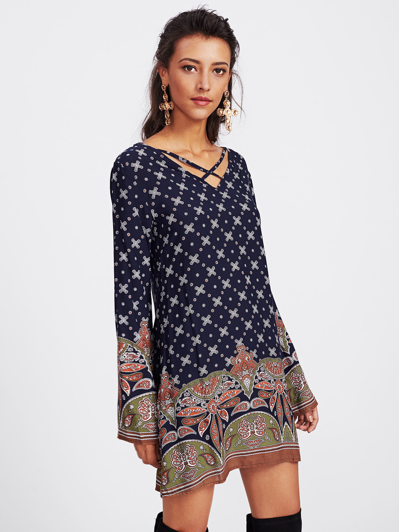 Ornate Print Criss Cross Vneckline Dress SheIn(Sheinside)