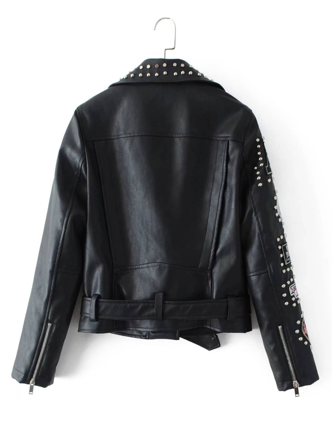 Studded Detail PU Biker Jacket With Belt SheIn(Sheinside)