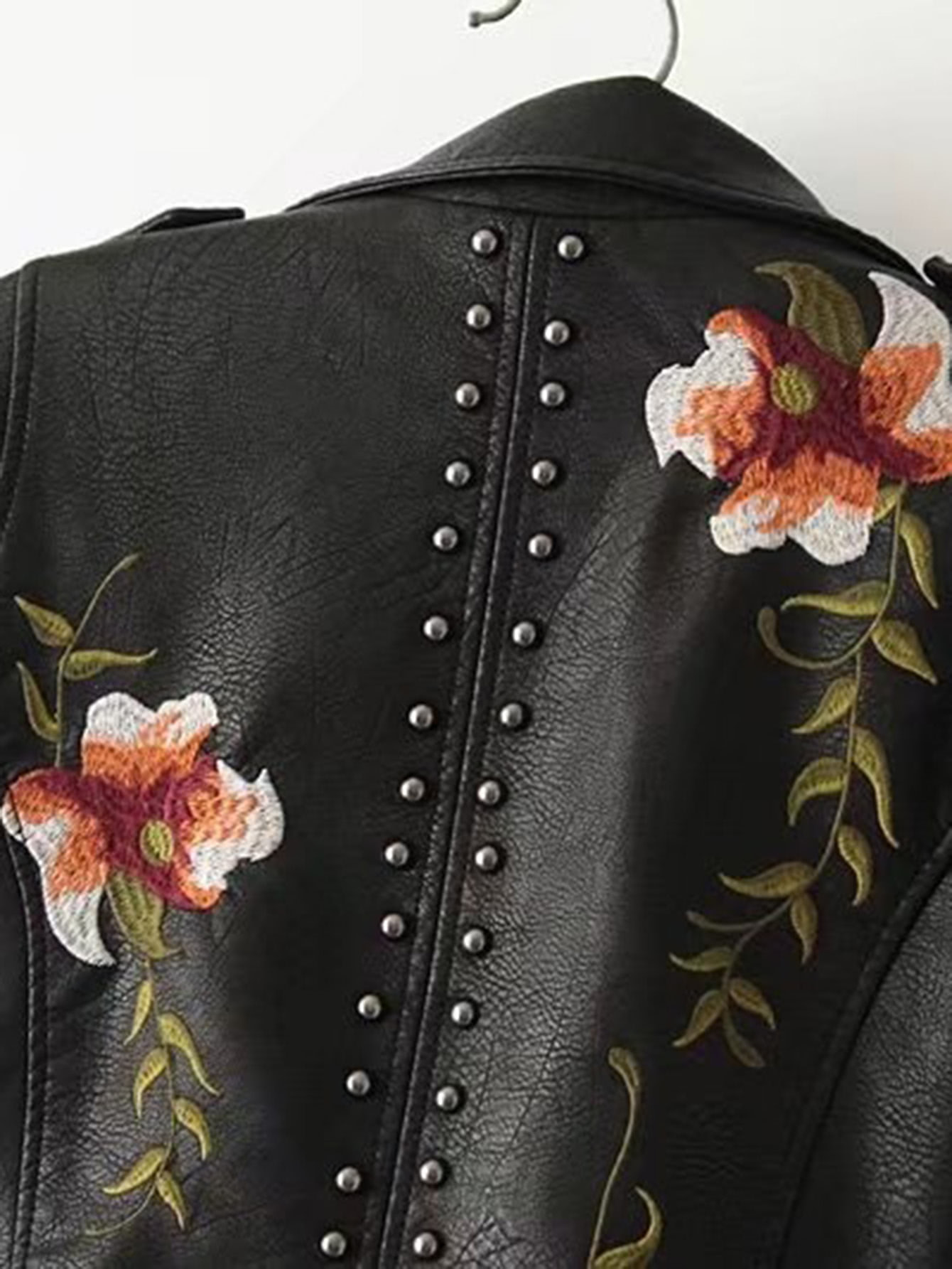 Flower Embroidery Studded Detail PU Biker Jacket SheIn(Sheinside)