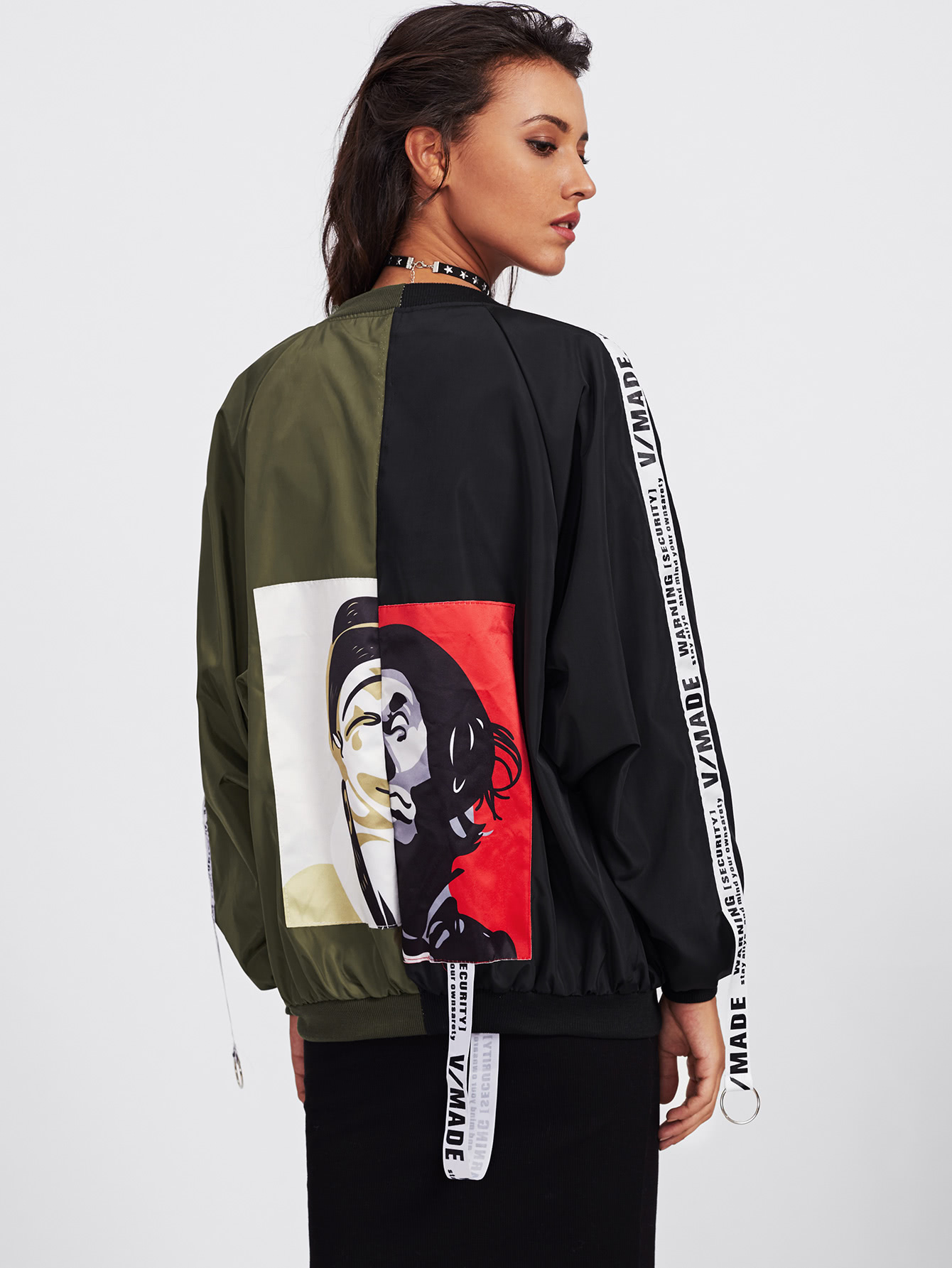 Patch Back Ribbon Detail Two Tone Bomber Jacket