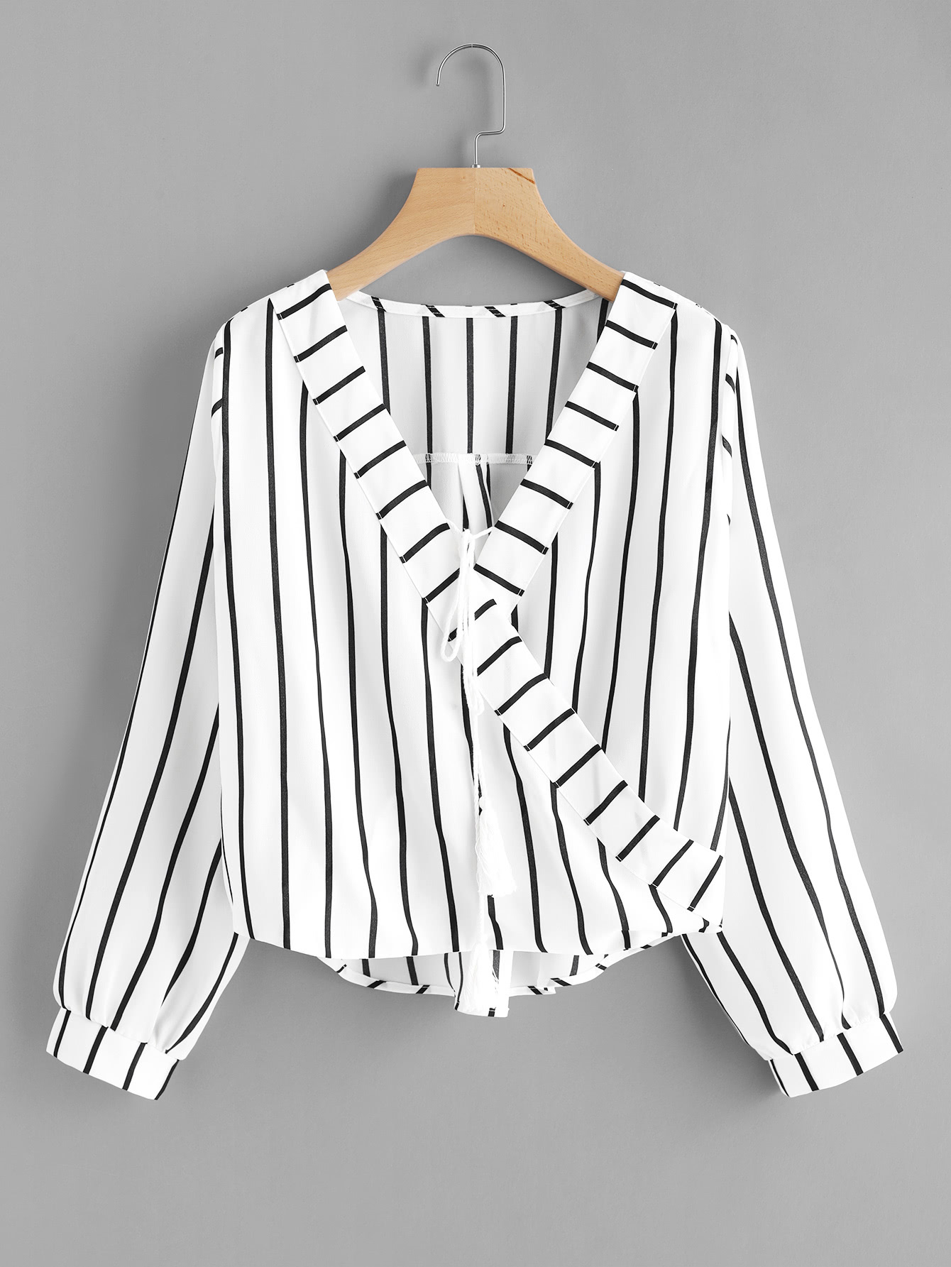 Contrast Striped Surplice Neckline Tassel Tie Blouse