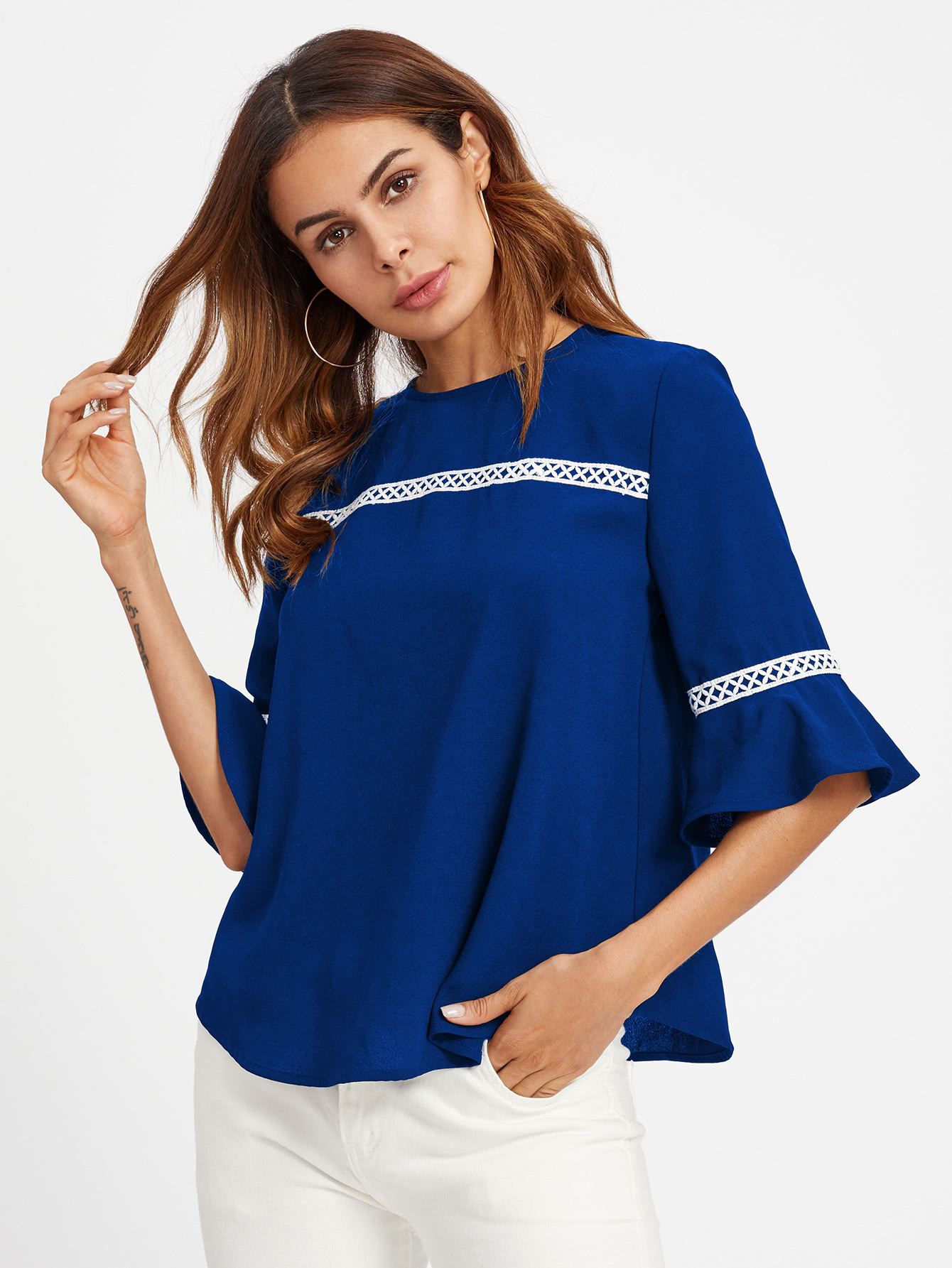Crochet Detail Fluted Sleeve Blouse SheIn(Sheinside)