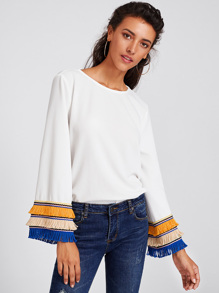 Embroidery Tape And Fringe Bell Sleeve Textured Blouse