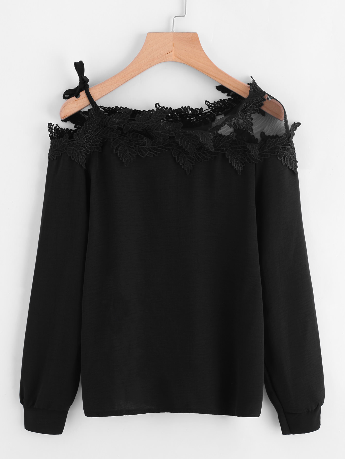 Mesh Panel Crochet Appliques Asymmetric Cold Shoulder Blouse