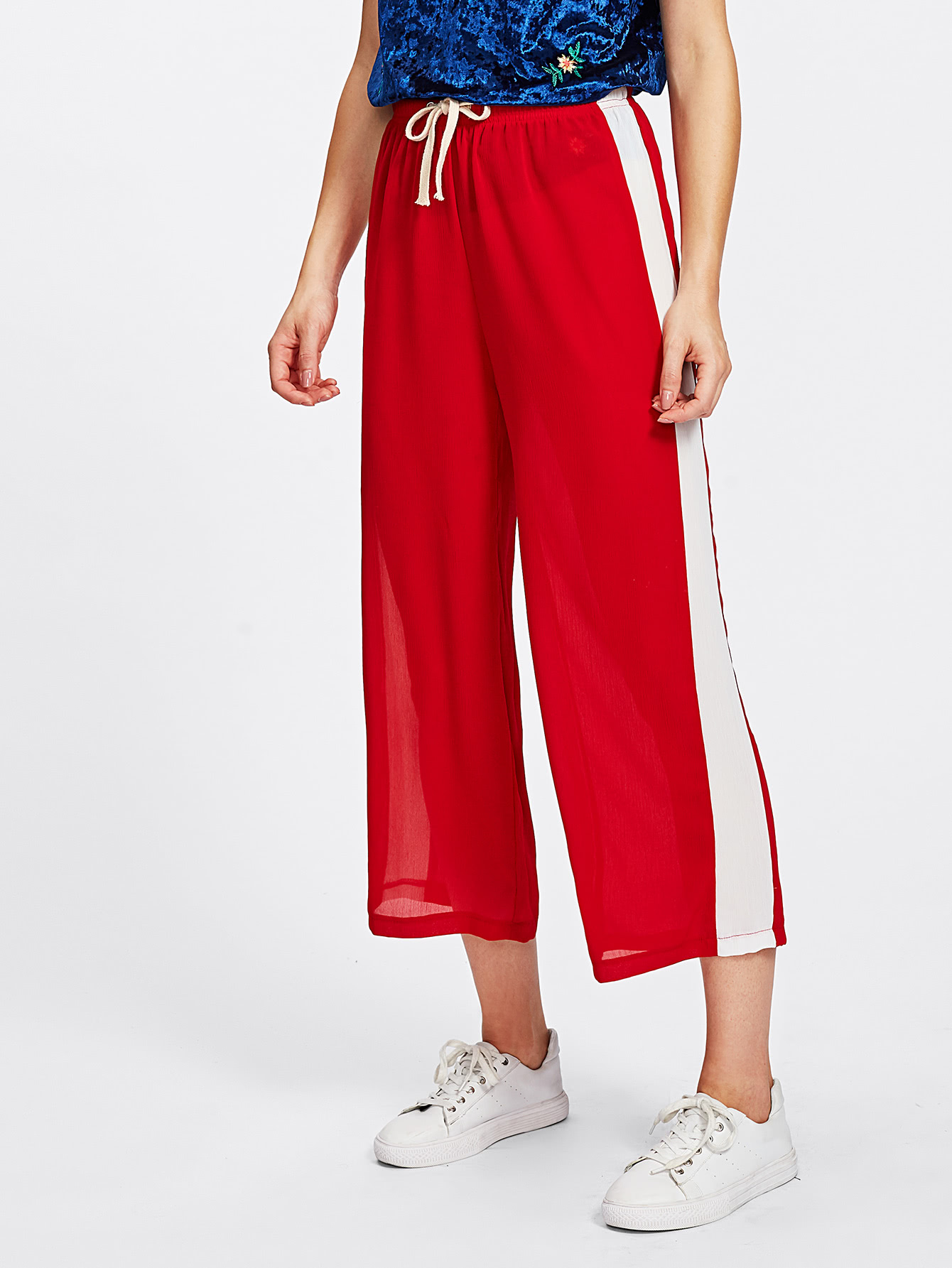 Side Striped Panel Drawstring Waist Crop Pants