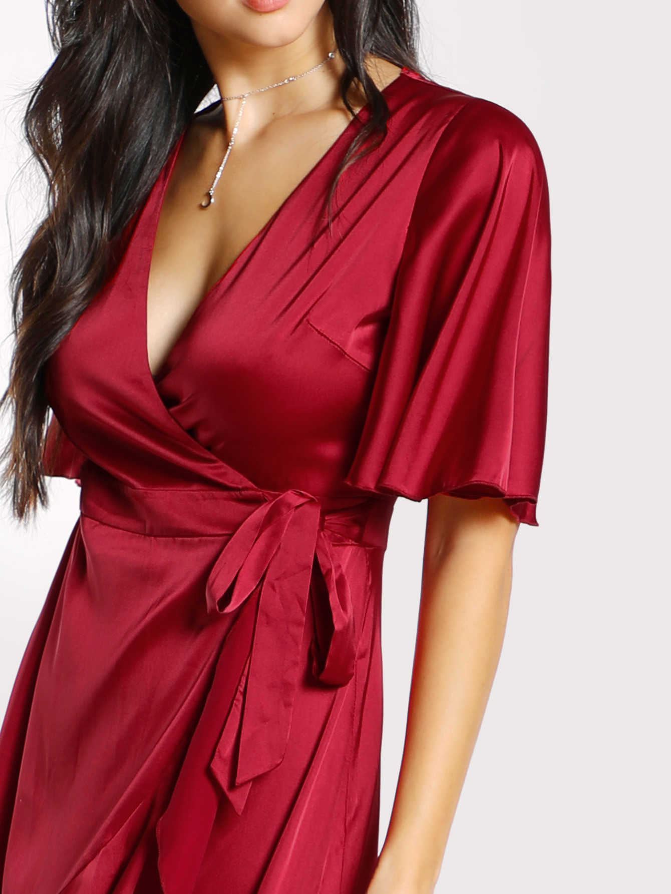 Flutter Sleeve Ruffle Dip Hem Wrap Dress SheIn(Sheinside)
