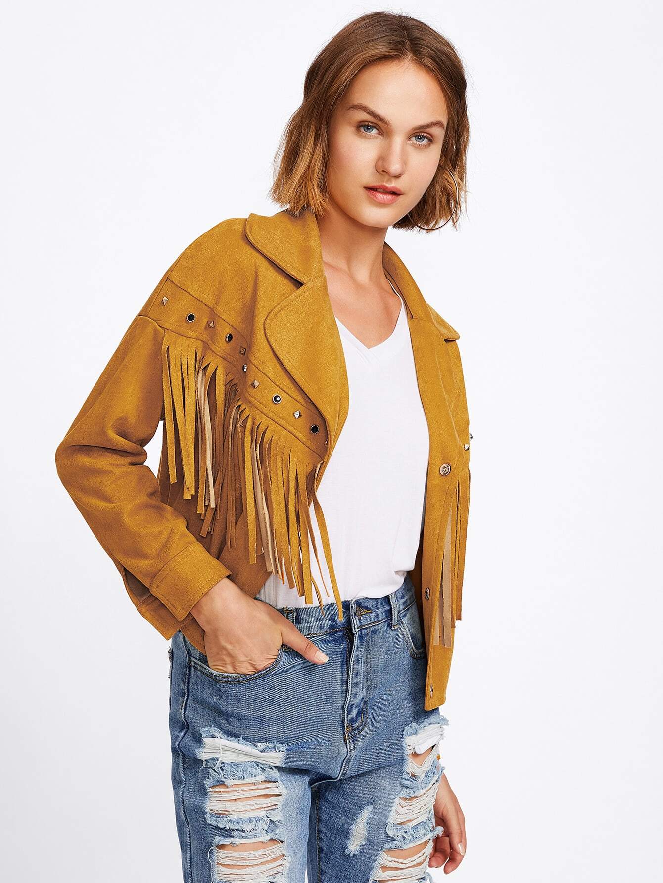 Studs Detail Fringe Trim Suede Jacket SheIn(Sheinside)