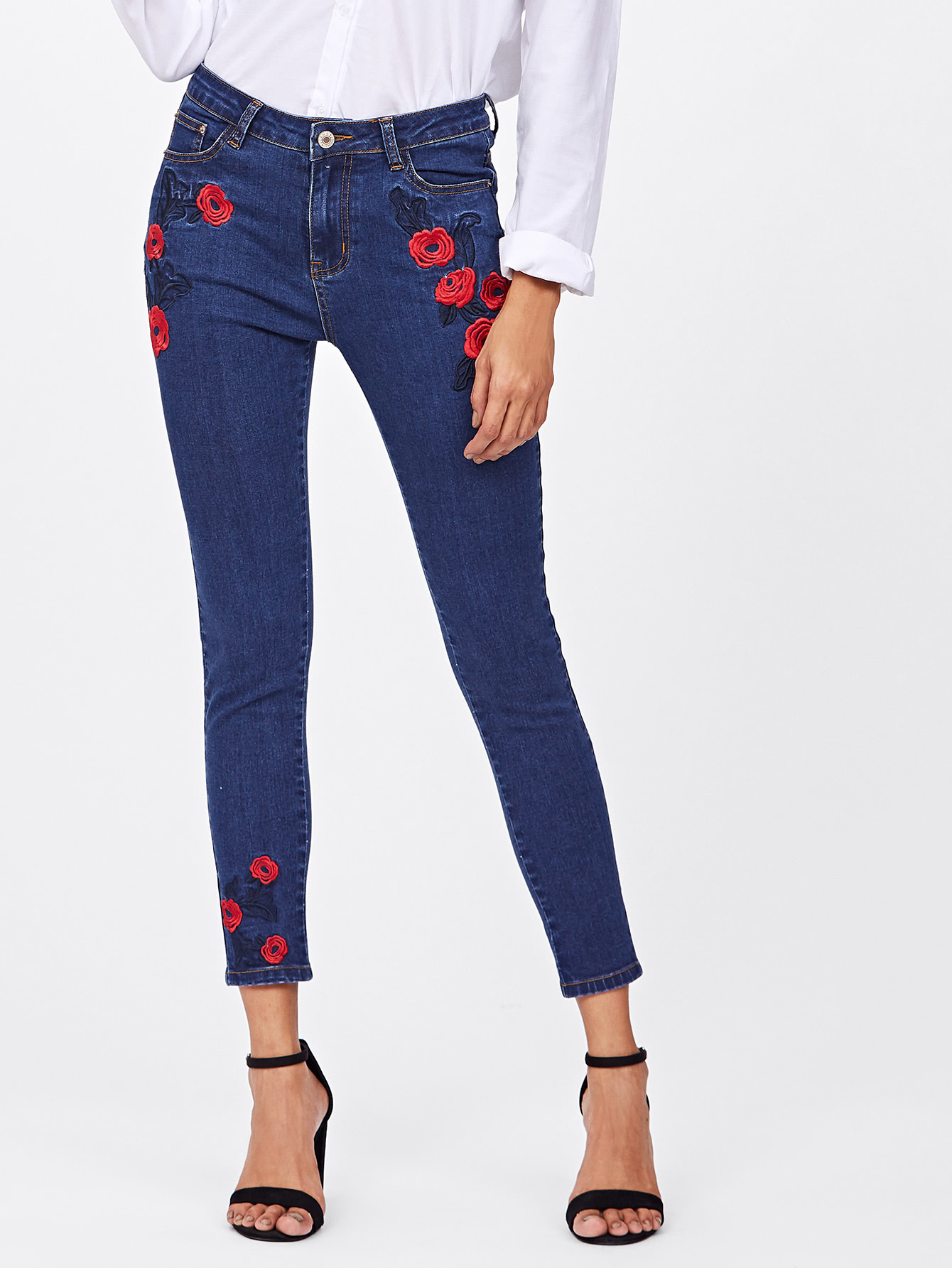 Dark Wash Rose Embroidered Jeans ferzige woman jeans boot cut embroidered high stretch womens flared pants ladies flowers embroidery blue jeans mujer femme jeans