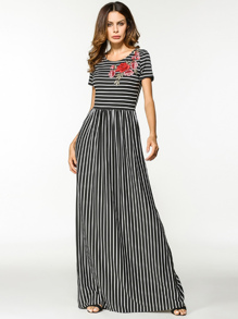 Flower Appliques Stripe Dress