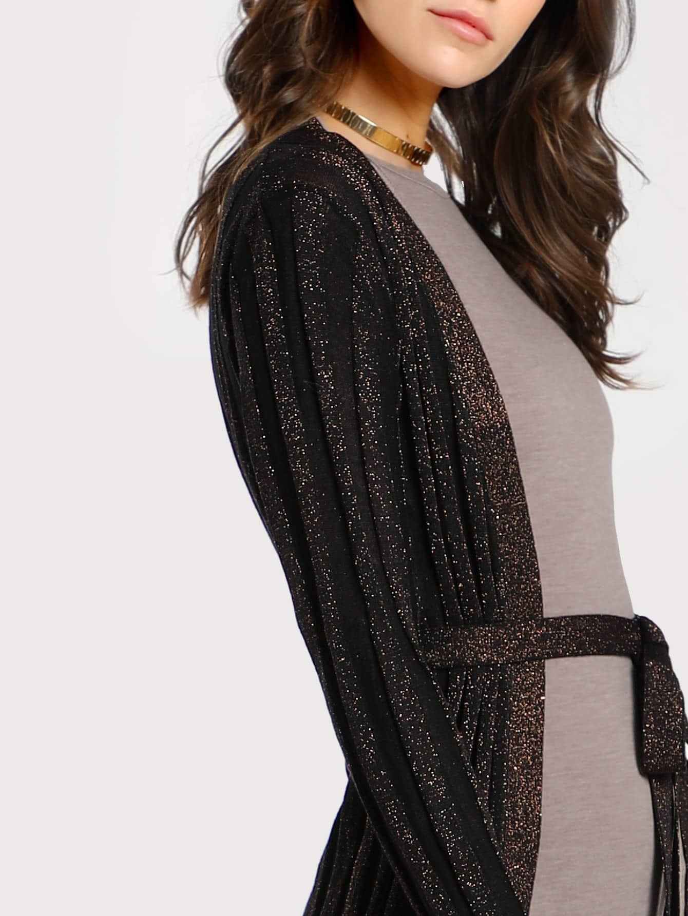 Glitter Striped Belted Kimono BRONZE SheIn(Sheinside)