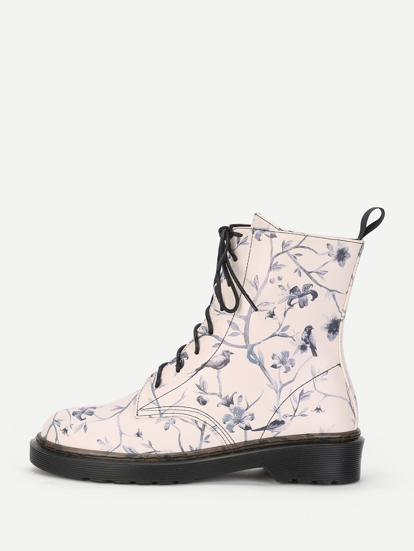 Flower & Bird Print Lace Up Boots SheIn(Sheinside)