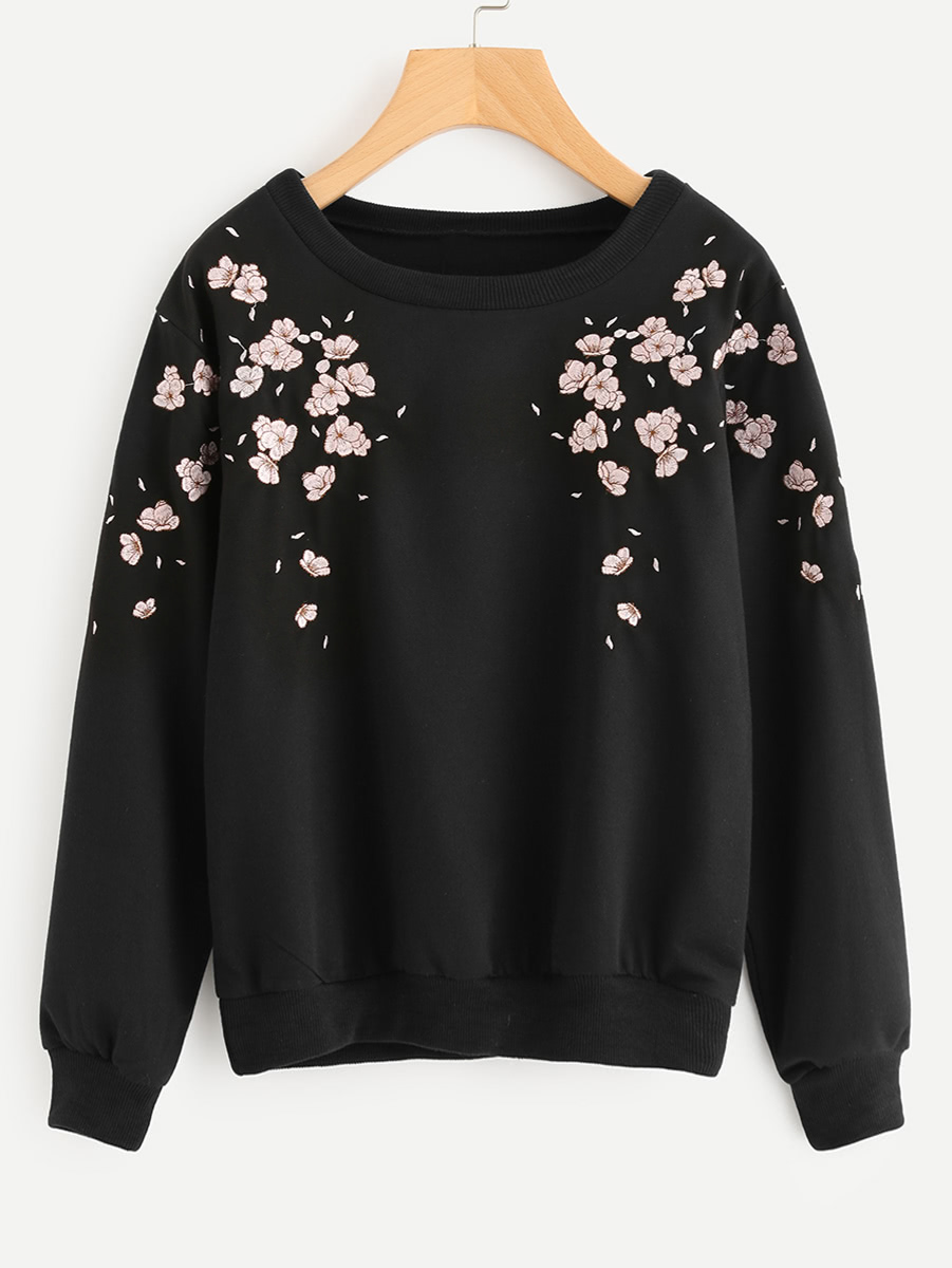 Flower Petal Embroidered Sweatshirt SheIn(Sheinside)