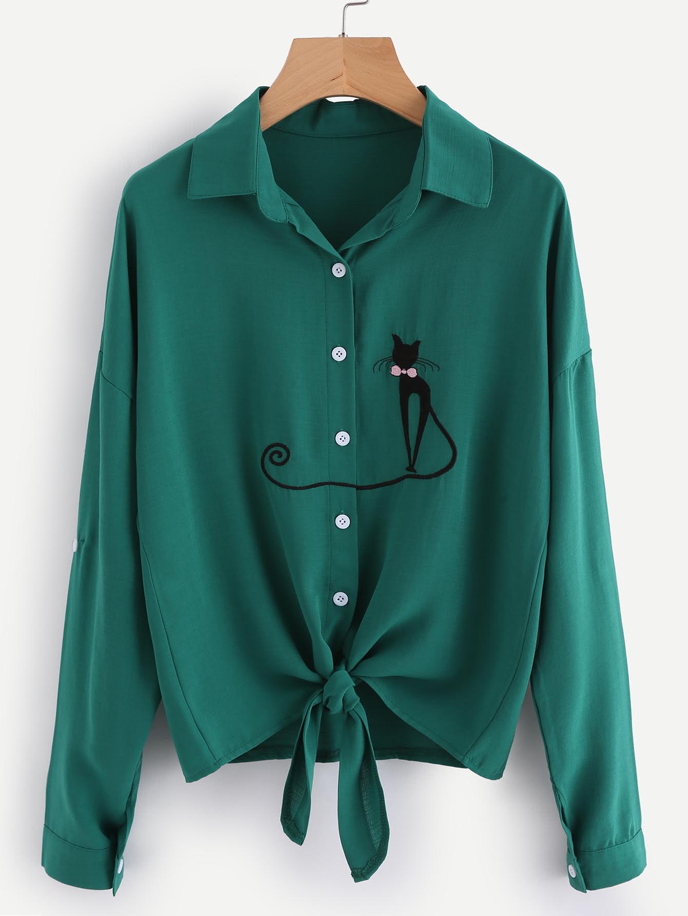Drop Shoulder Cat Embroidered Knotted Hem Shirt
