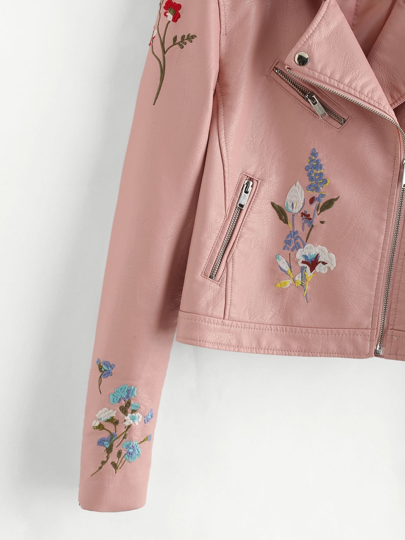 Botanical Embroidered Zipper Detail Faux Leather Biker Jacket SheIn