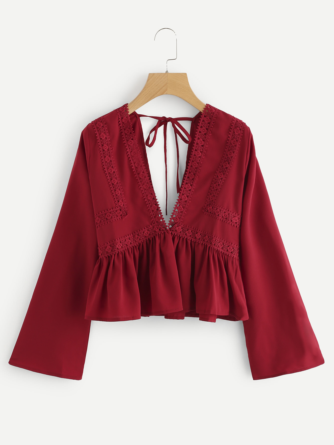 Plunging V-neckline Lace Trim Self Tie Frill Top