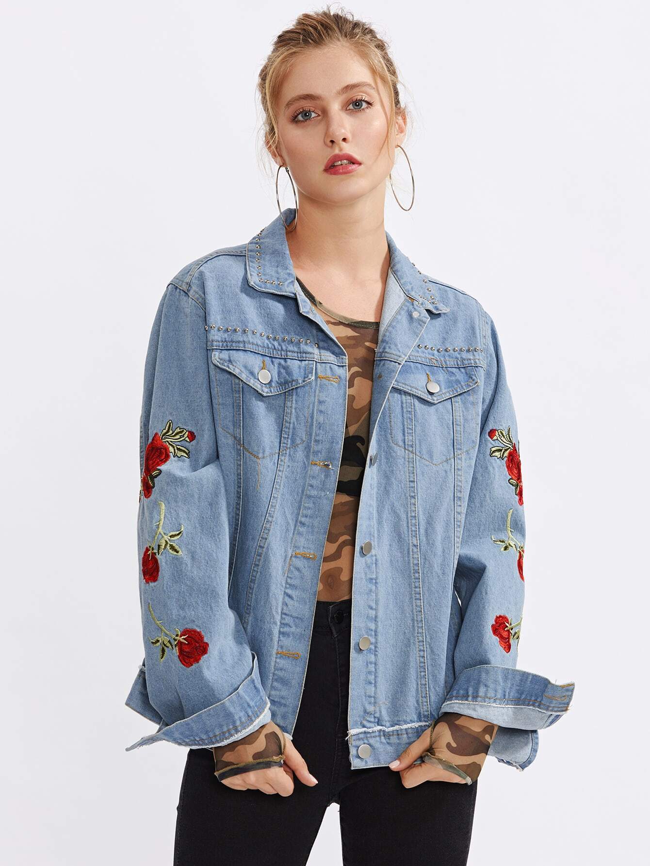 Snake And Flower Embroidered Denim Jacket SheIn(Sheinside)