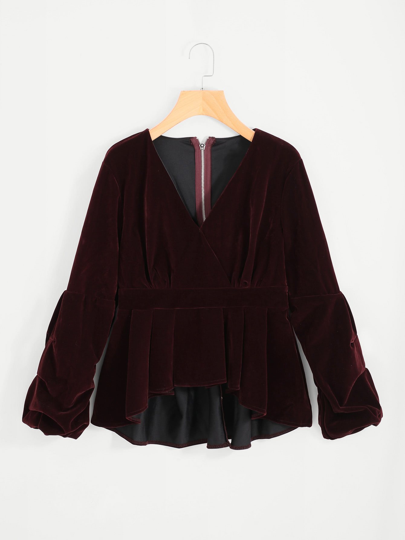 Gathered Sleeve Ruffle Dip Hem Surplice Velvet Top gathered sleeve surplice wrap crop top