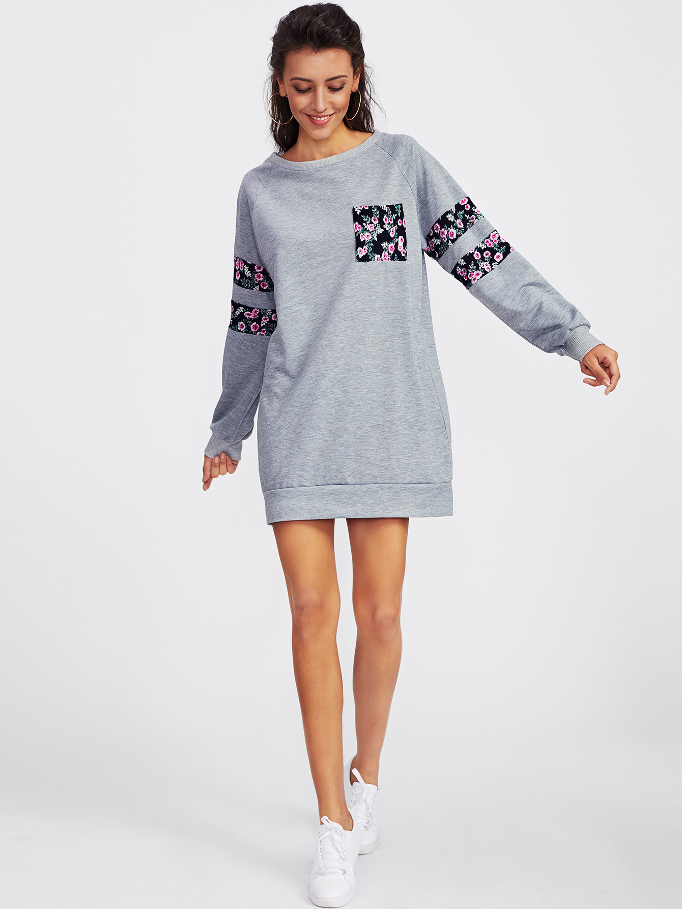 Contrast Panel Raglan Sleeve Marled Sweatshirt Dress contrast raglan sleeve hooded slogan print crop sweatshirt