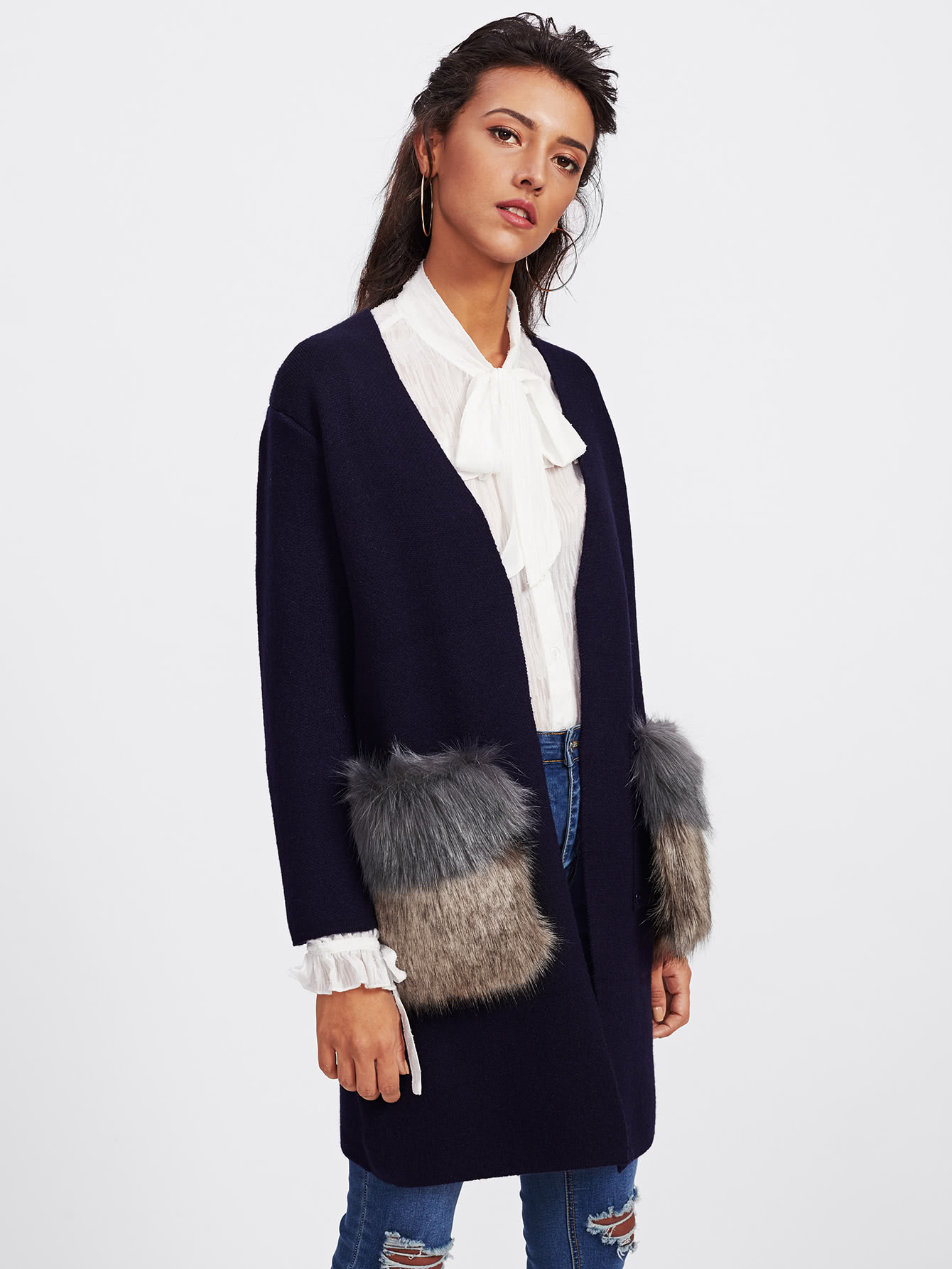 Faux Fur Embellished Pocket Longline Cardigan SheIn(Sheinside)