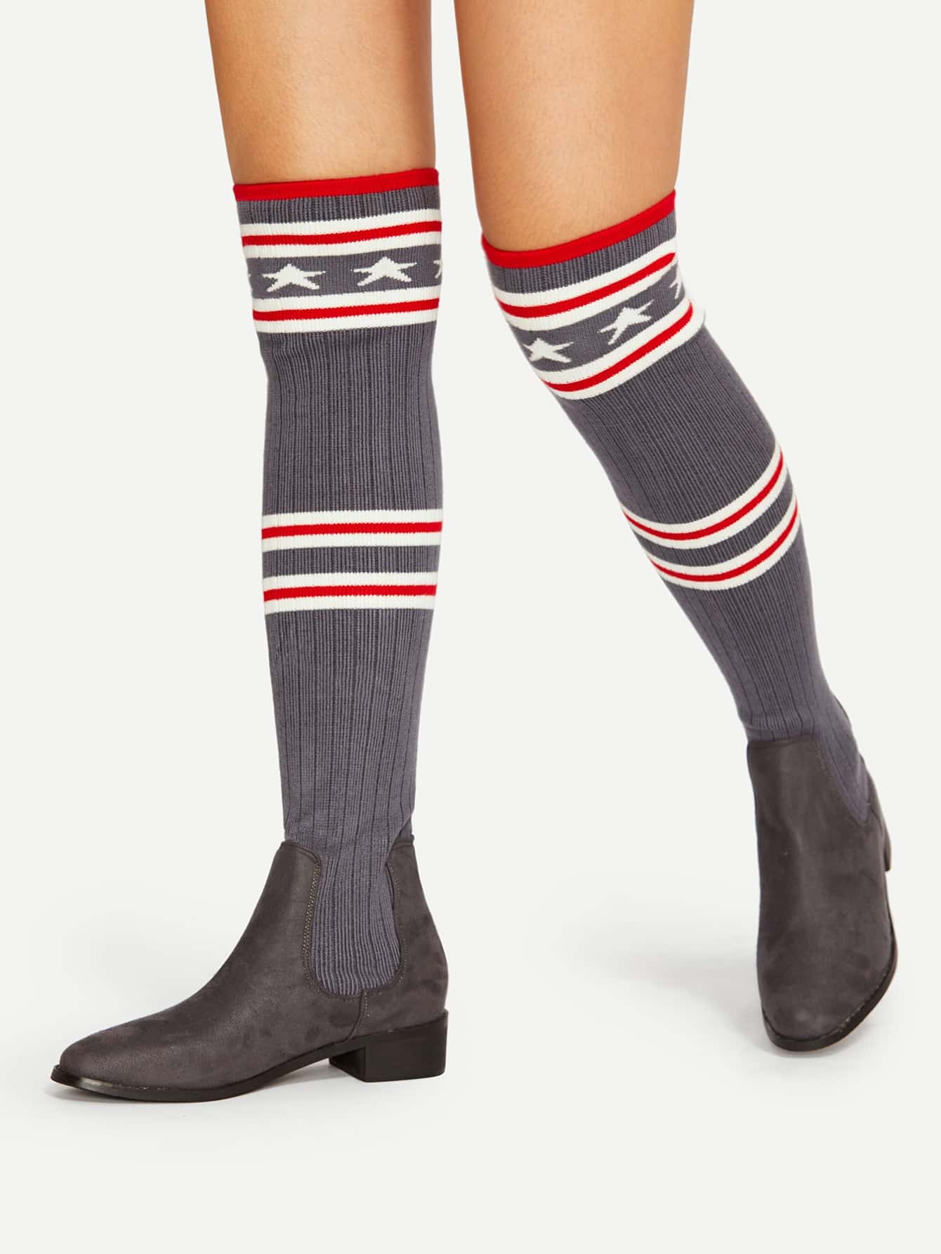 Striped Detail Thigh High Knit Sock Boots SheIn(Sheinside)