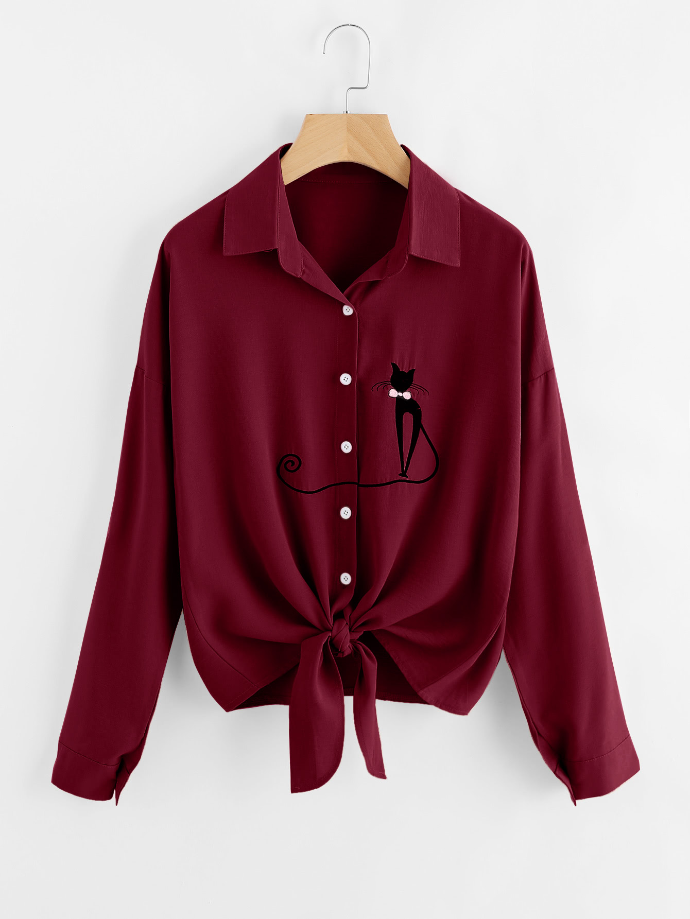 Drop Shoulder Cat Embroidered Knotted Hem Shirt