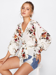 Flower Print Gathered Sleeve Wrap Blouse