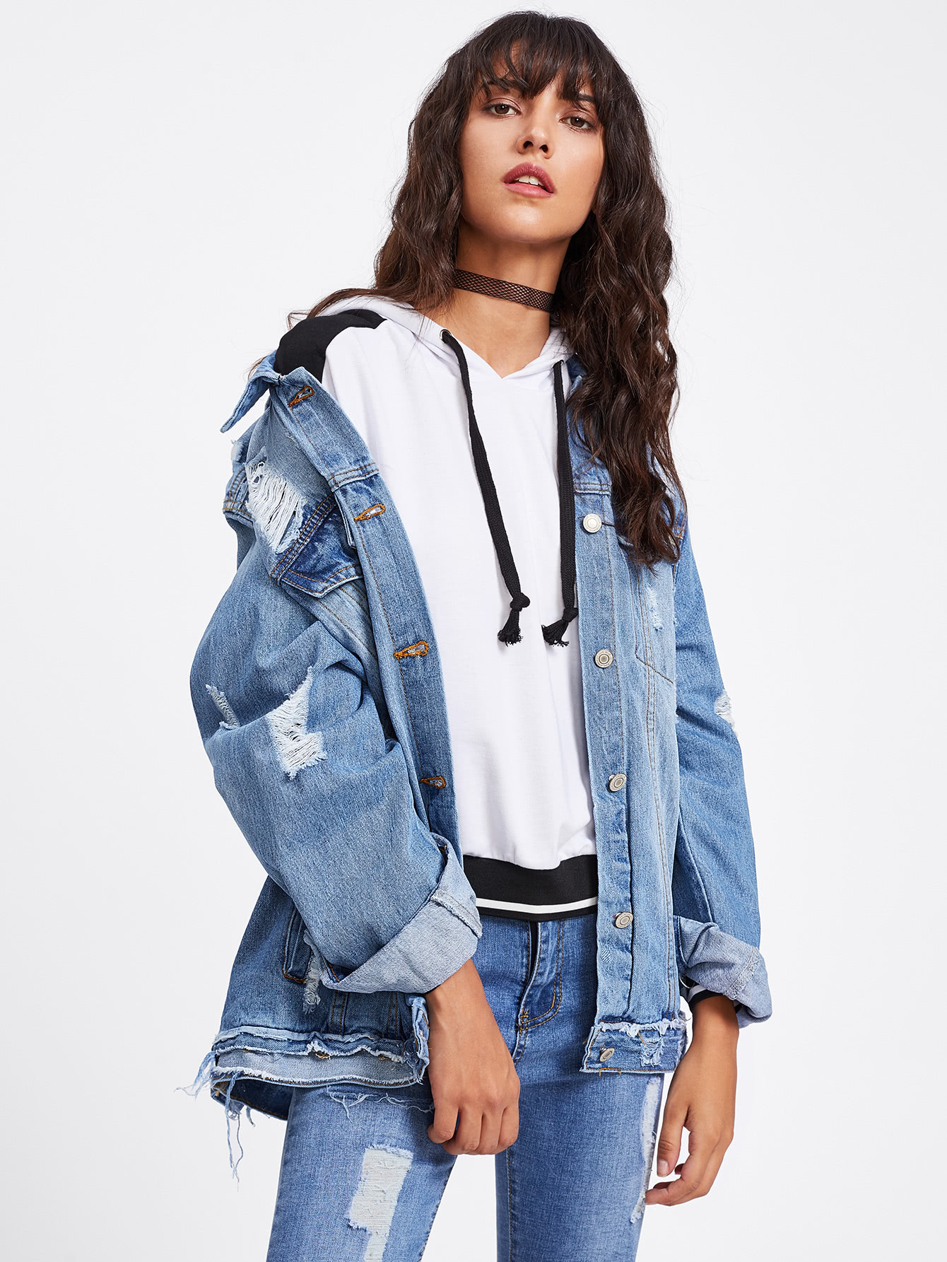 Bleach Wash Ripped Denim Jacket SheIn(Sheinside)