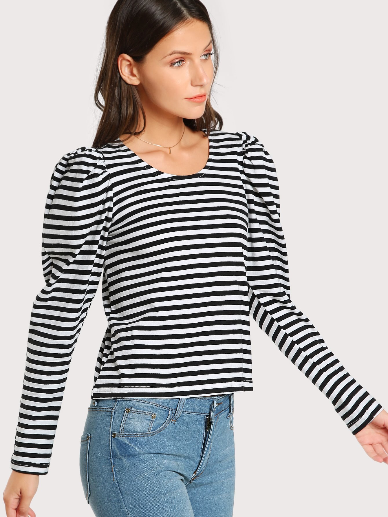 Striped Long Puff Sleeve Top SheIn(Sheinside)