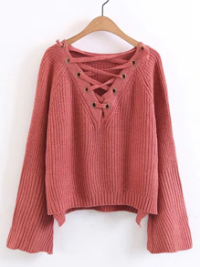 Lace Up Plunge Neckline High Low Sweater