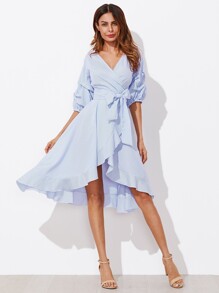 Gathered Sleeve Surplice Wrap Pinstripe Dress